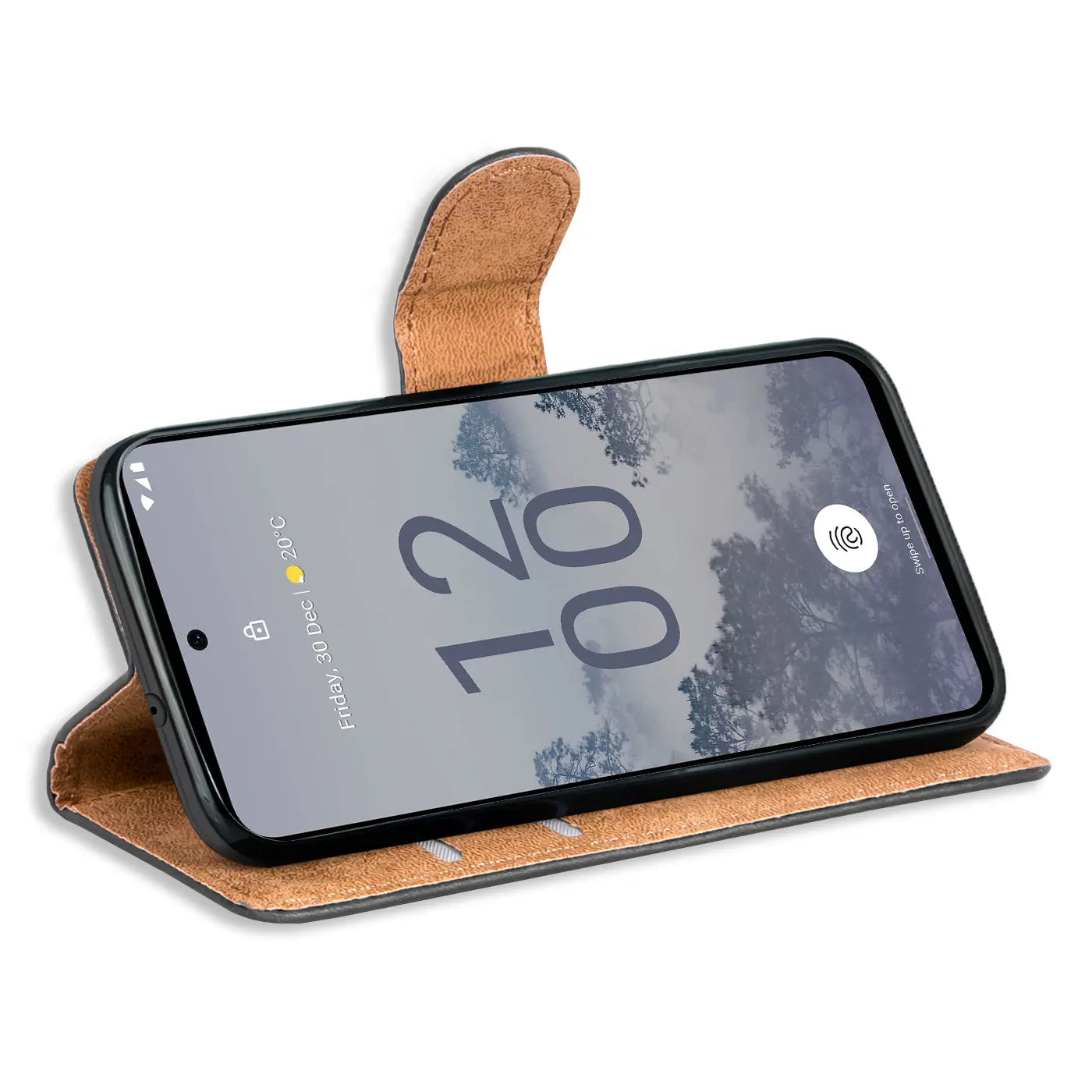 Braune Kunstleder-Klapphülle mit Kartenfächern für Nokia X30 5G, von vorne schräg.