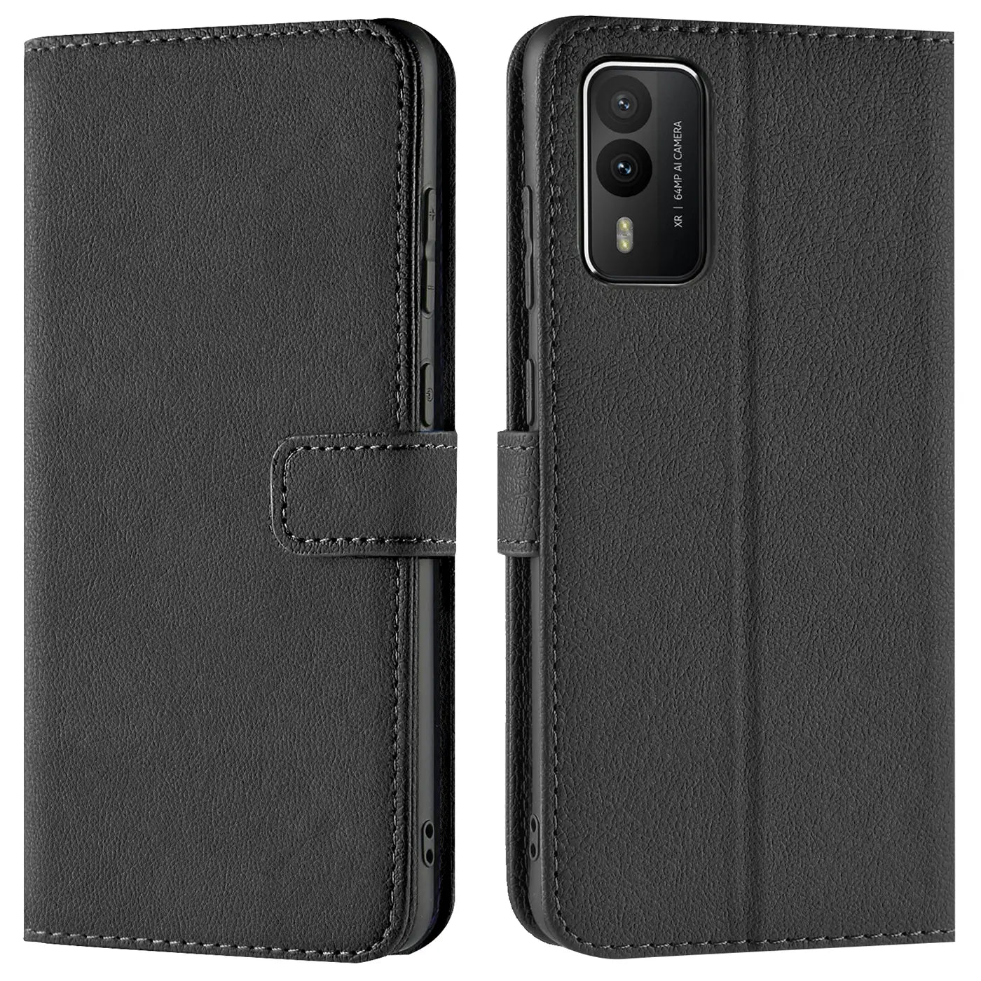 Schwarze Leder-Klapphülle mit Kartenfächern, Vorder- und Rückansicht, für Nokia XR21.