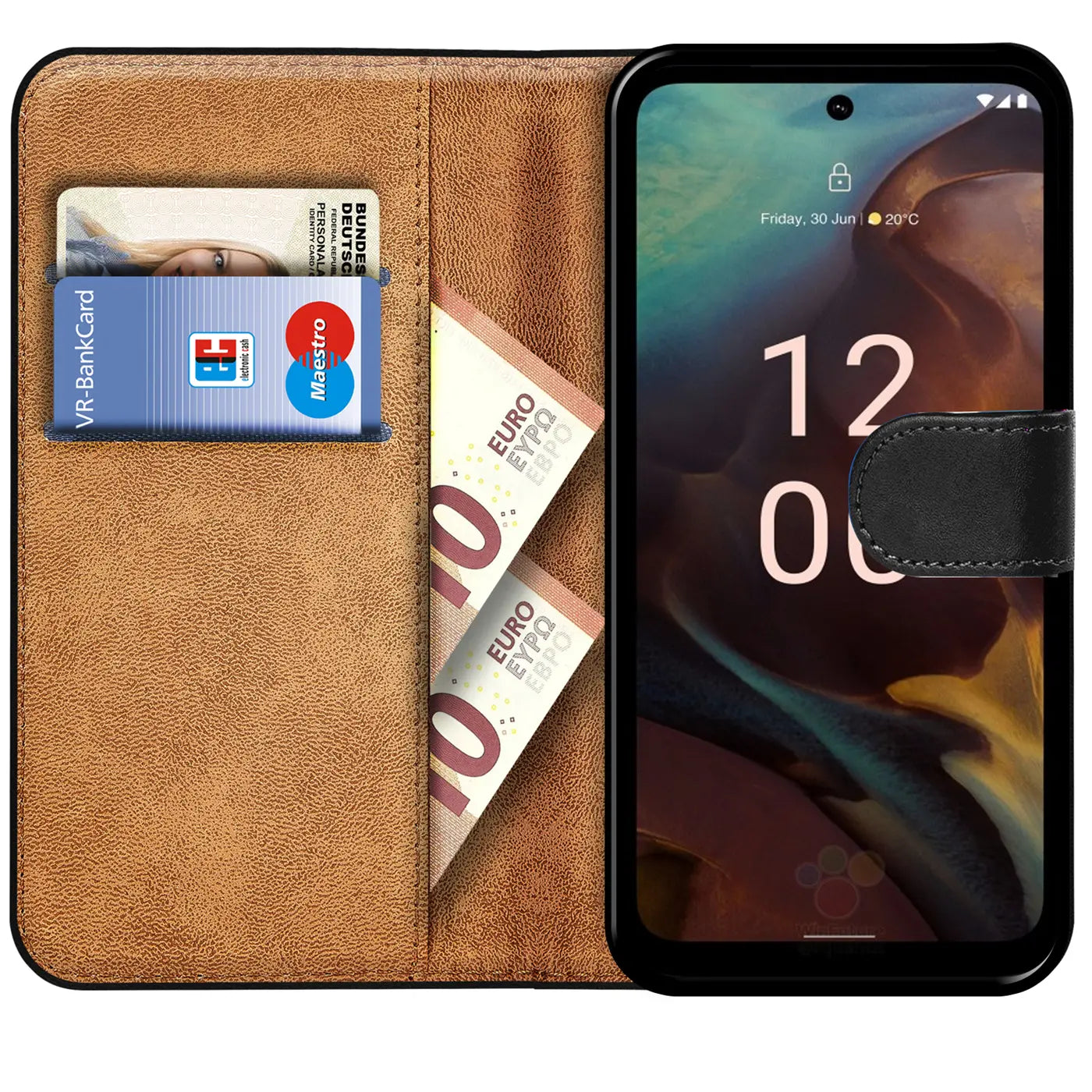 Braune Leder-Klapphülle mit Kartenfächern und Geldscheinen, zeigt Nokia XR21.