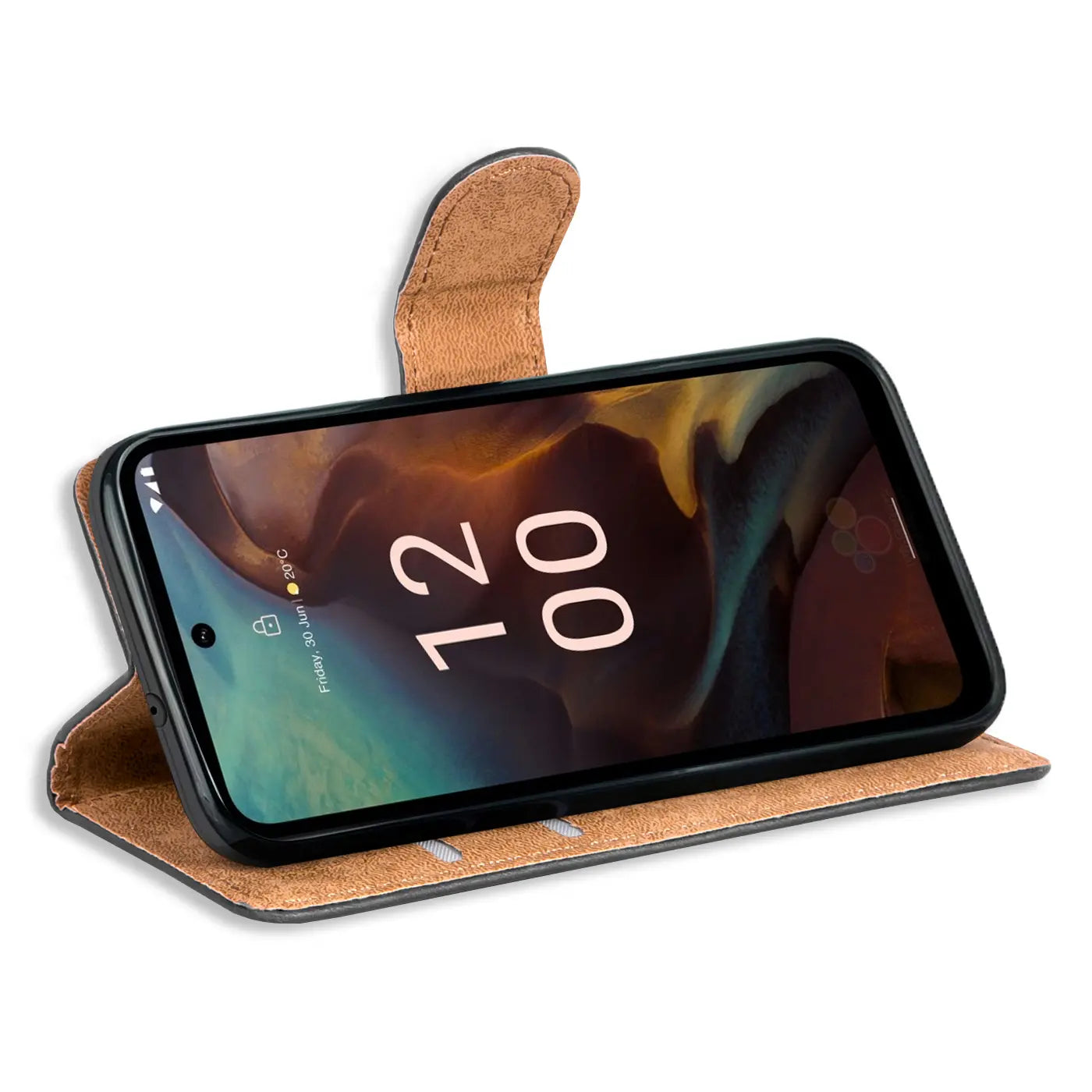 Braune Leder-Klapphülle mit Kartenfächern für Nokia XR21, von vorne schräg gezeigt.