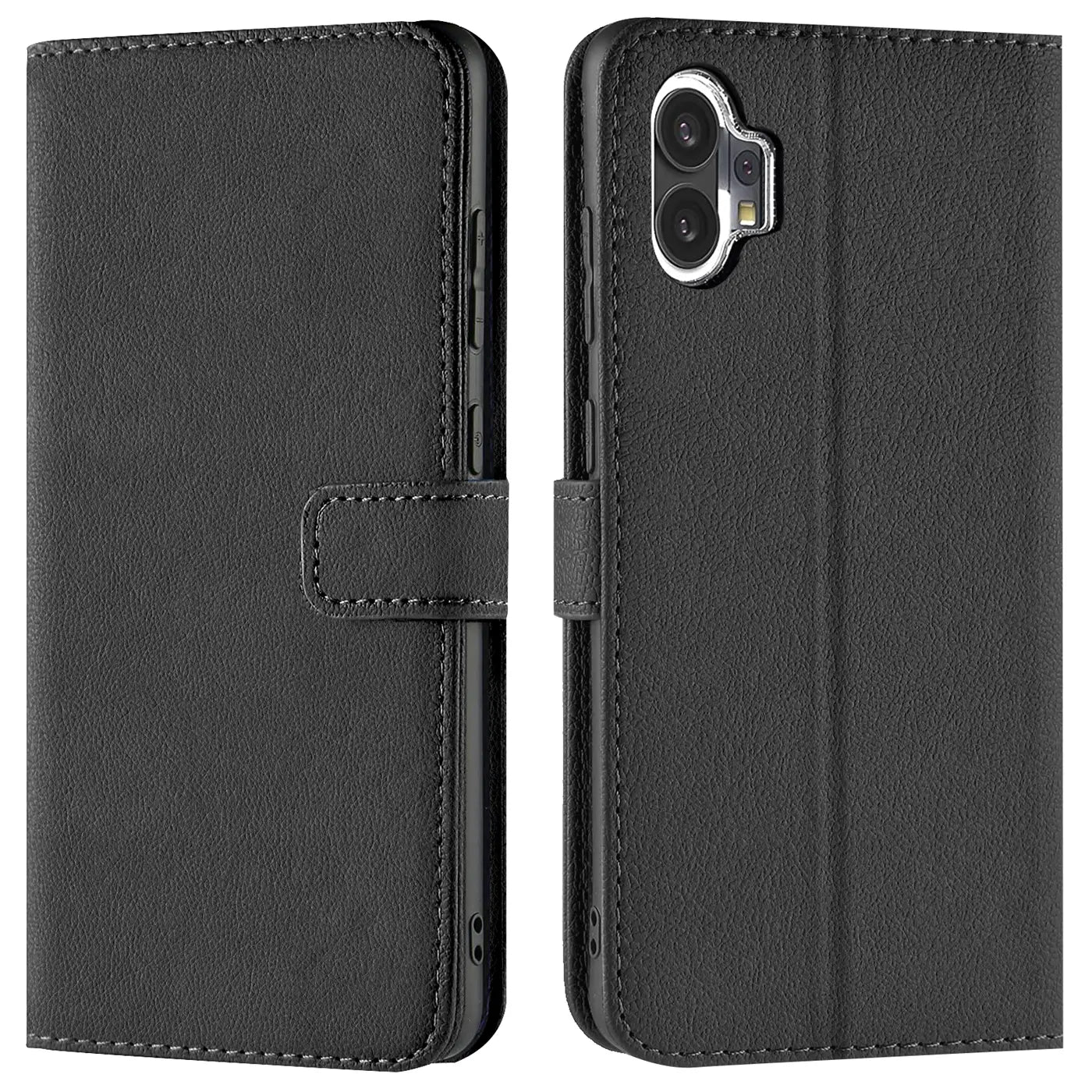 Schwarze Leder-Klapphülle mit Kartenfächern für Nothing Phone 1, Vorder- und Rückansicht.