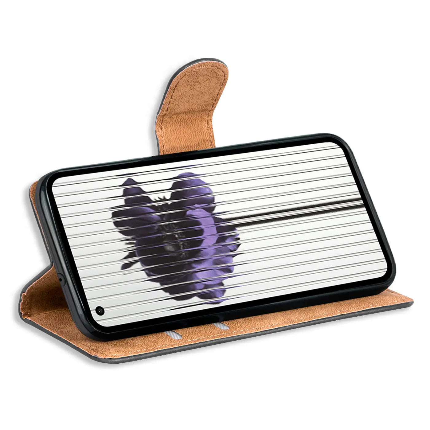 Braune Kunstleder-Klapphülle mit Kartenfächern, zeigt Nothing Phone 1 mit Blumenmotiv.