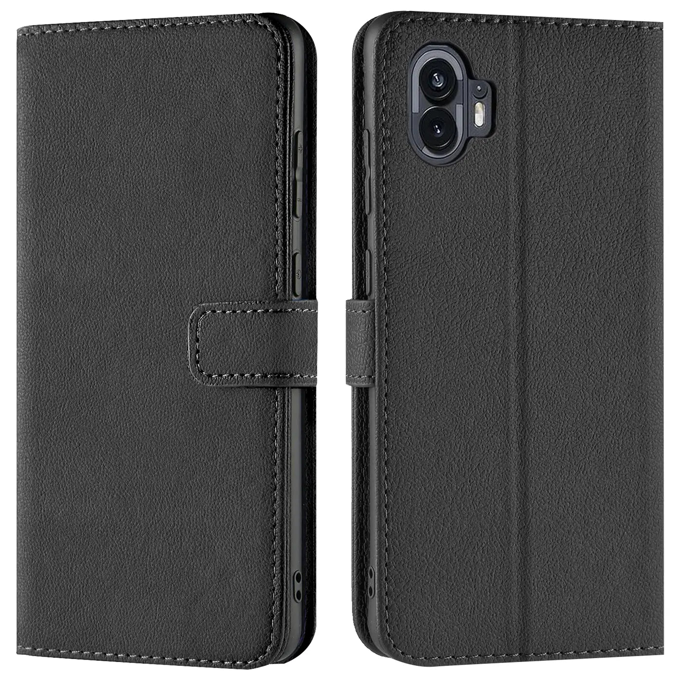 Schwarze Leder-Klapphülle für Nothing Phone 2, Vorder- und Rückansicht.