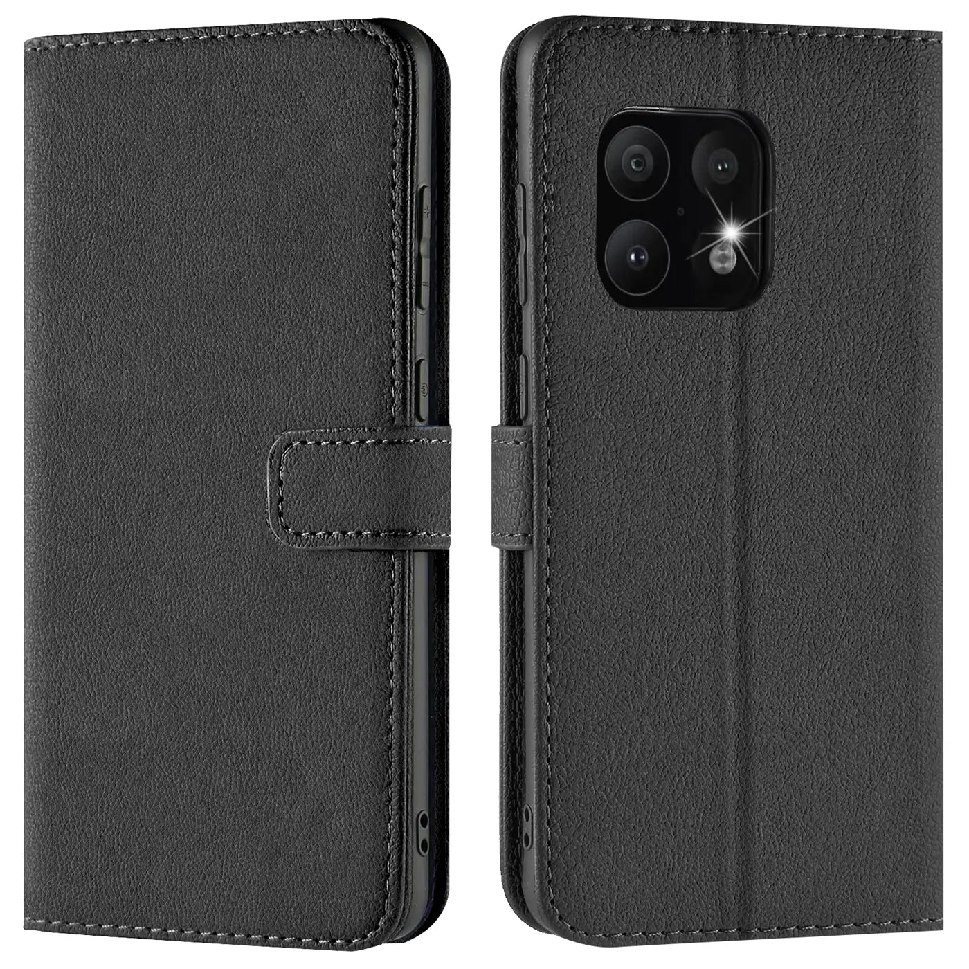 Schwarze Leder-Klapphülle für OnePlus 10 Pro 5G, Vorder- und Rückansicht.
