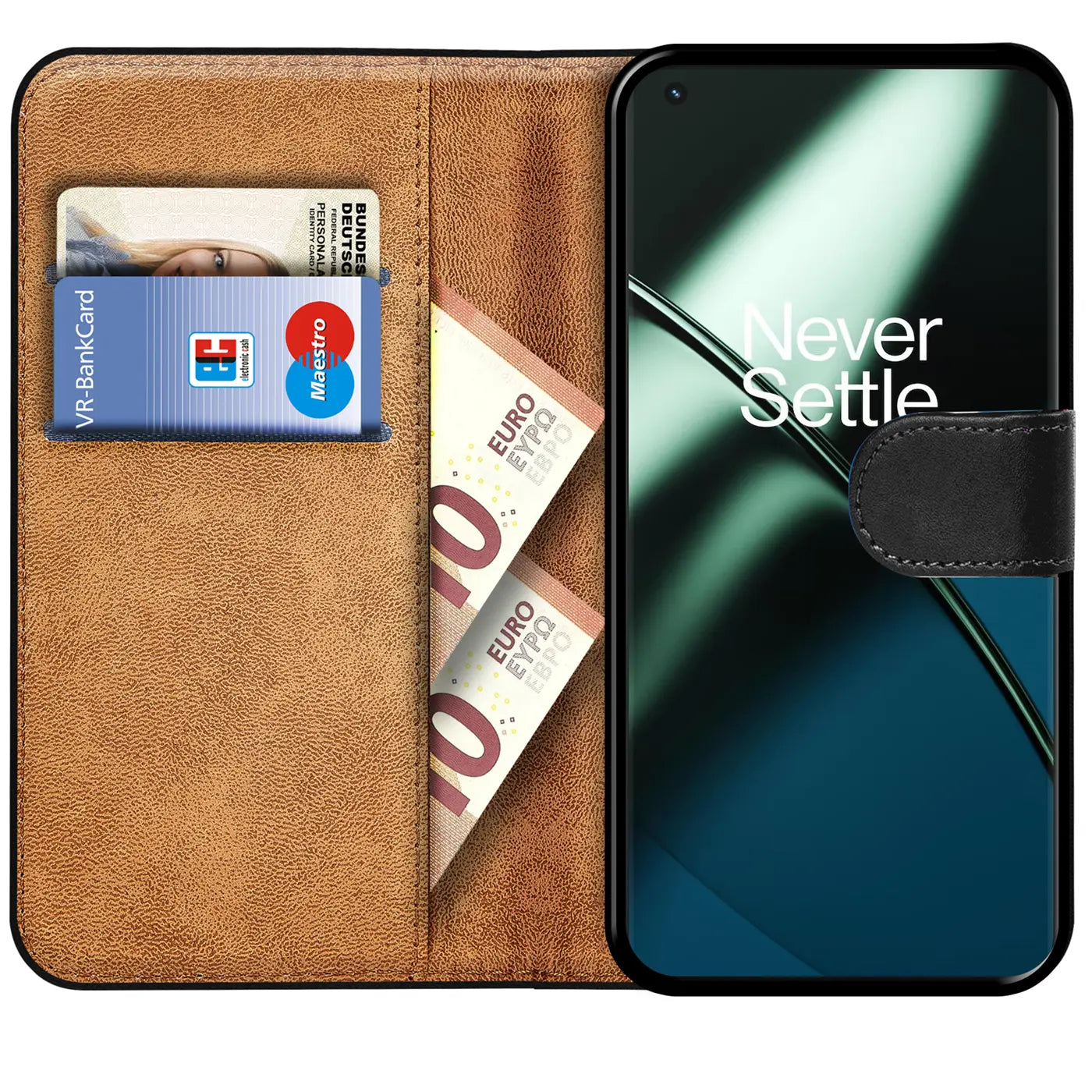 Braune Leder-Klapphülle mit Kartenfächern, zeigt ein OnePlus 11 5G mit "Never Settle" Schriftzug.