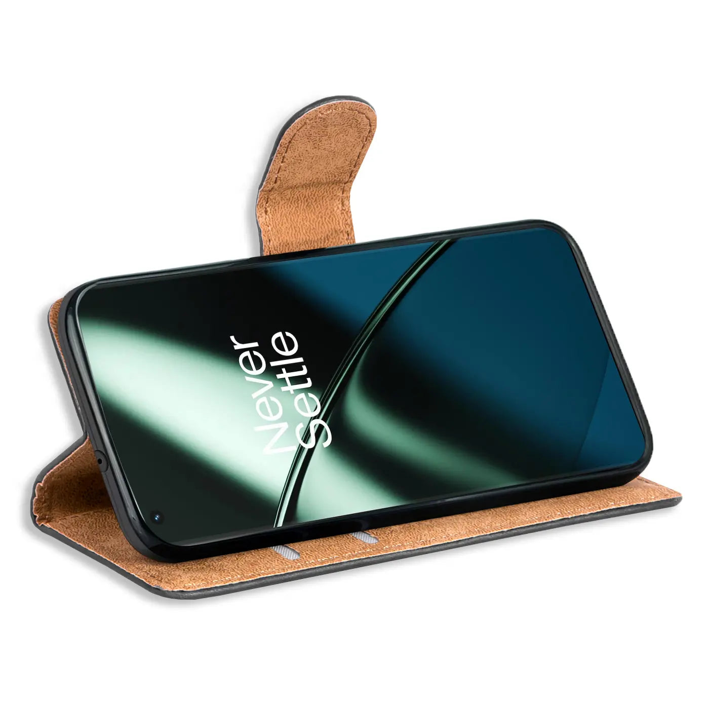 Braune Kunstleder-Klapphülle mit Kartenfächern für OnePlus 11 5G, Seitenansicht.