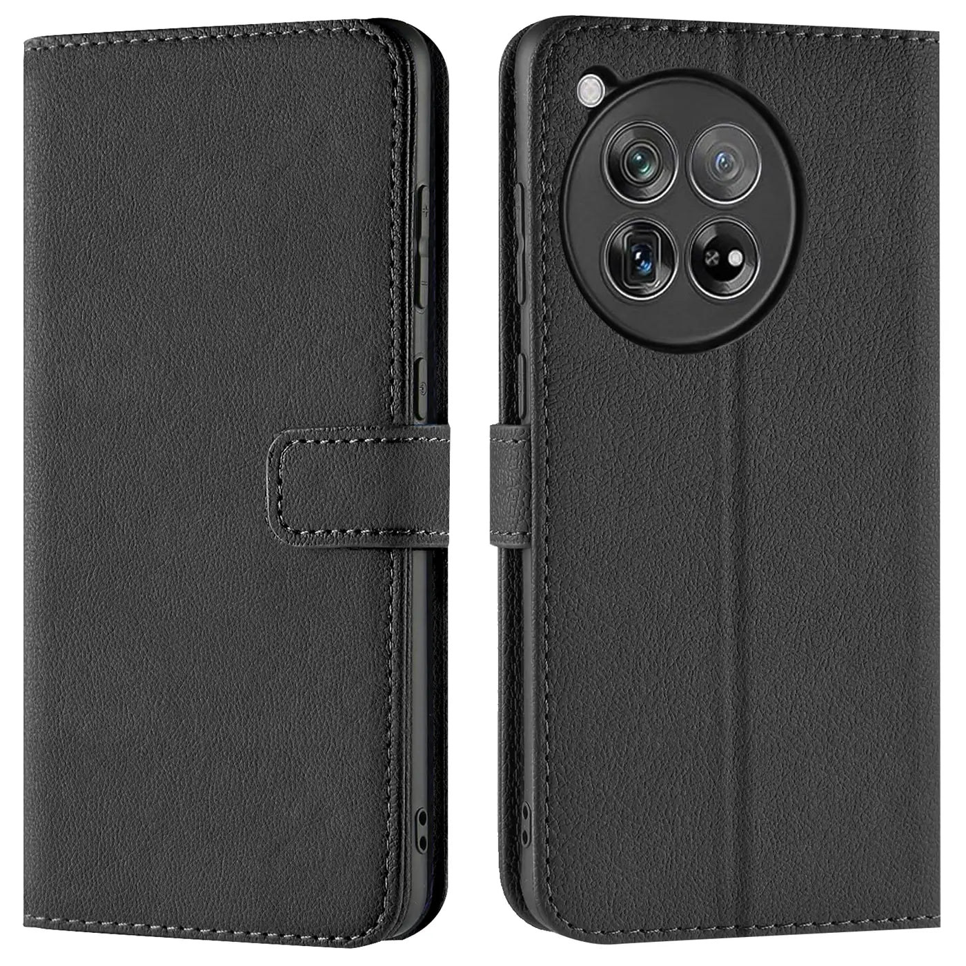 Schwarze Leder-Klapphülle mit Kartenfächern, Vorder- und Rückansicht, für OnePlus 12.
