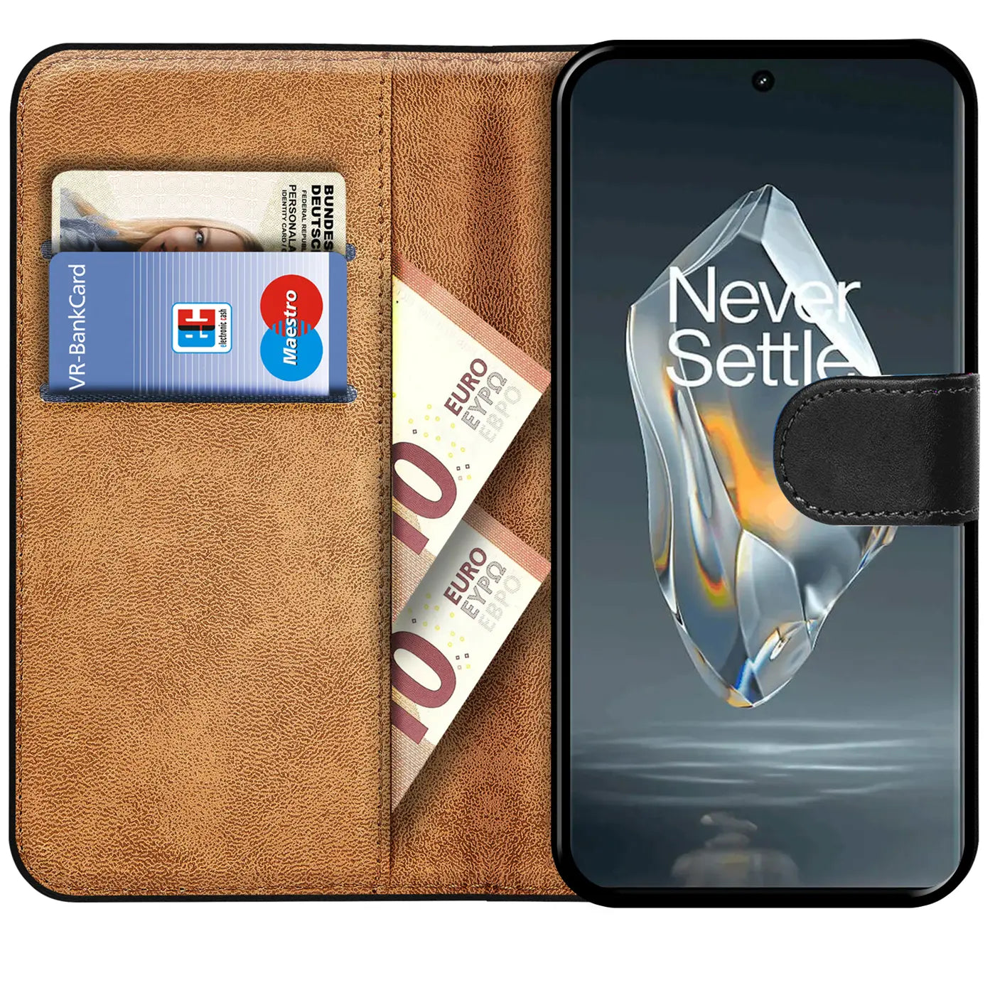 Braune Leder-Klapphülle mit Kartenfächern und Geldscheinen, zeigt OnePlus 12.