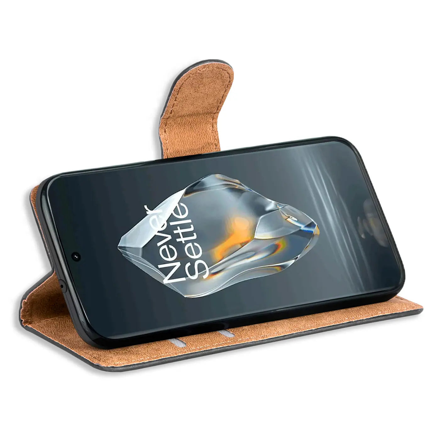 Braune Leder-Klapphülle mit Kartenfächern, Seitenansicht, zeigt OnePlus 12R.