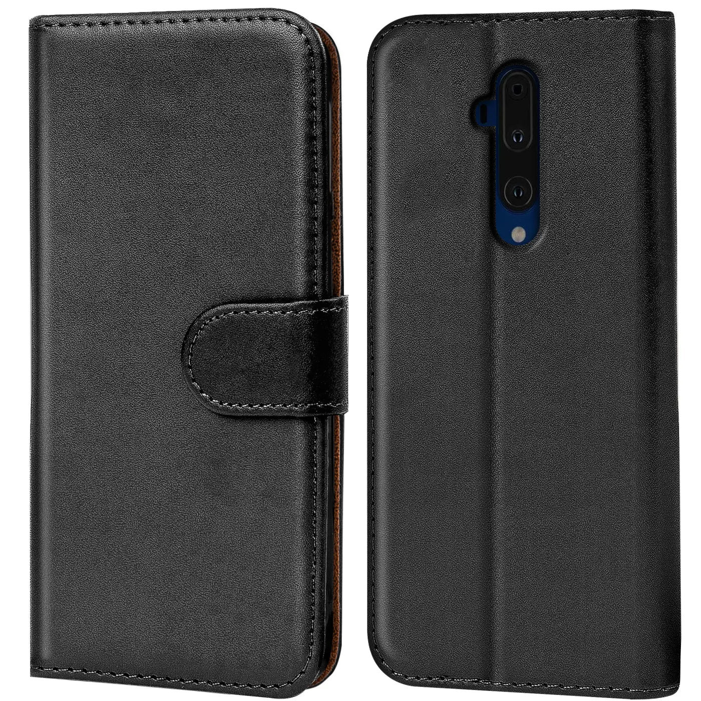 Schwarze Leder-Klapphülle mit Kartenfächern, Vorder- und Rückseite, für OnePlus 7T Pro.