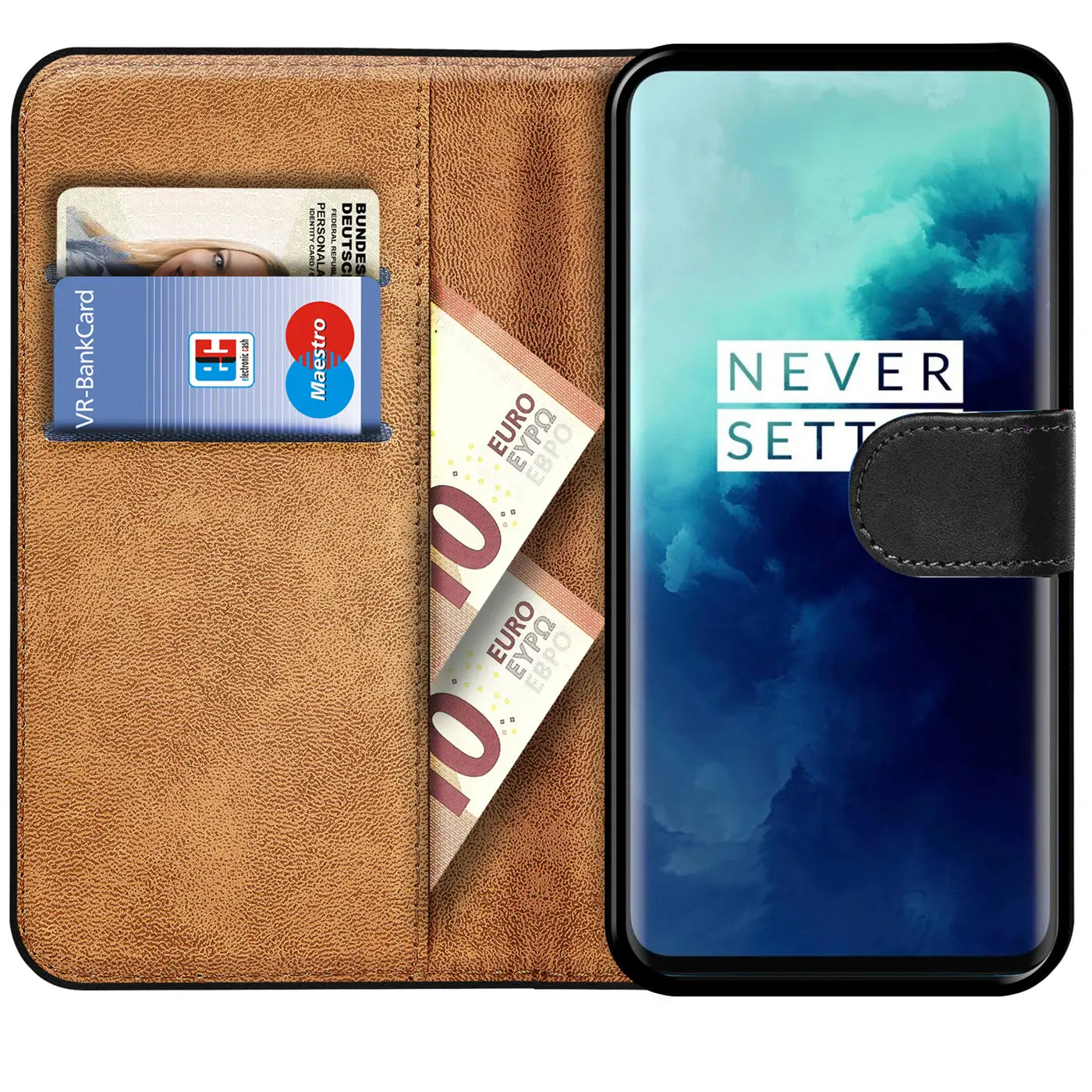 Braune Kunstleder-Klapphülle mit Kartenfächern, zeigt ein OnePlus 7T Pro.