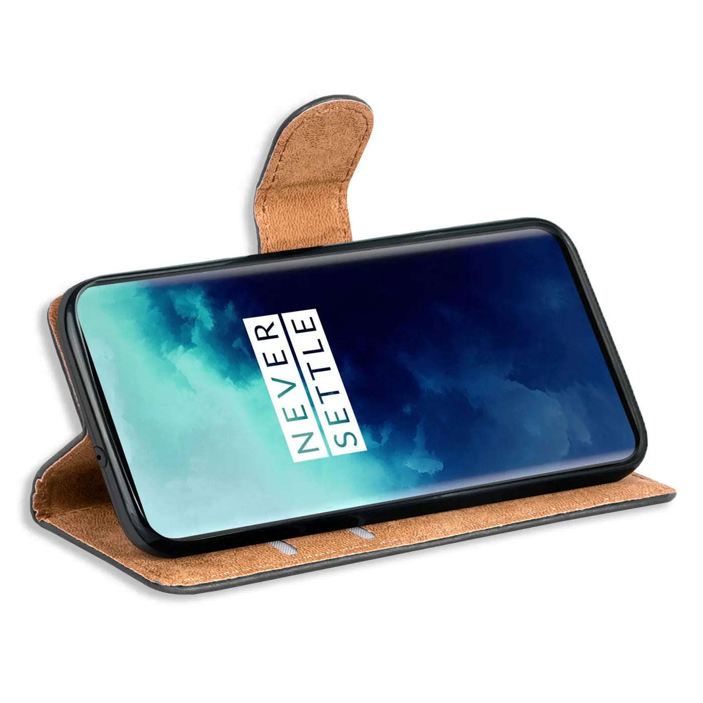 Braune Kunstleder-Klapphülle mit Kartenfächern für OnePlus 7T Pro, Seitenansicht.