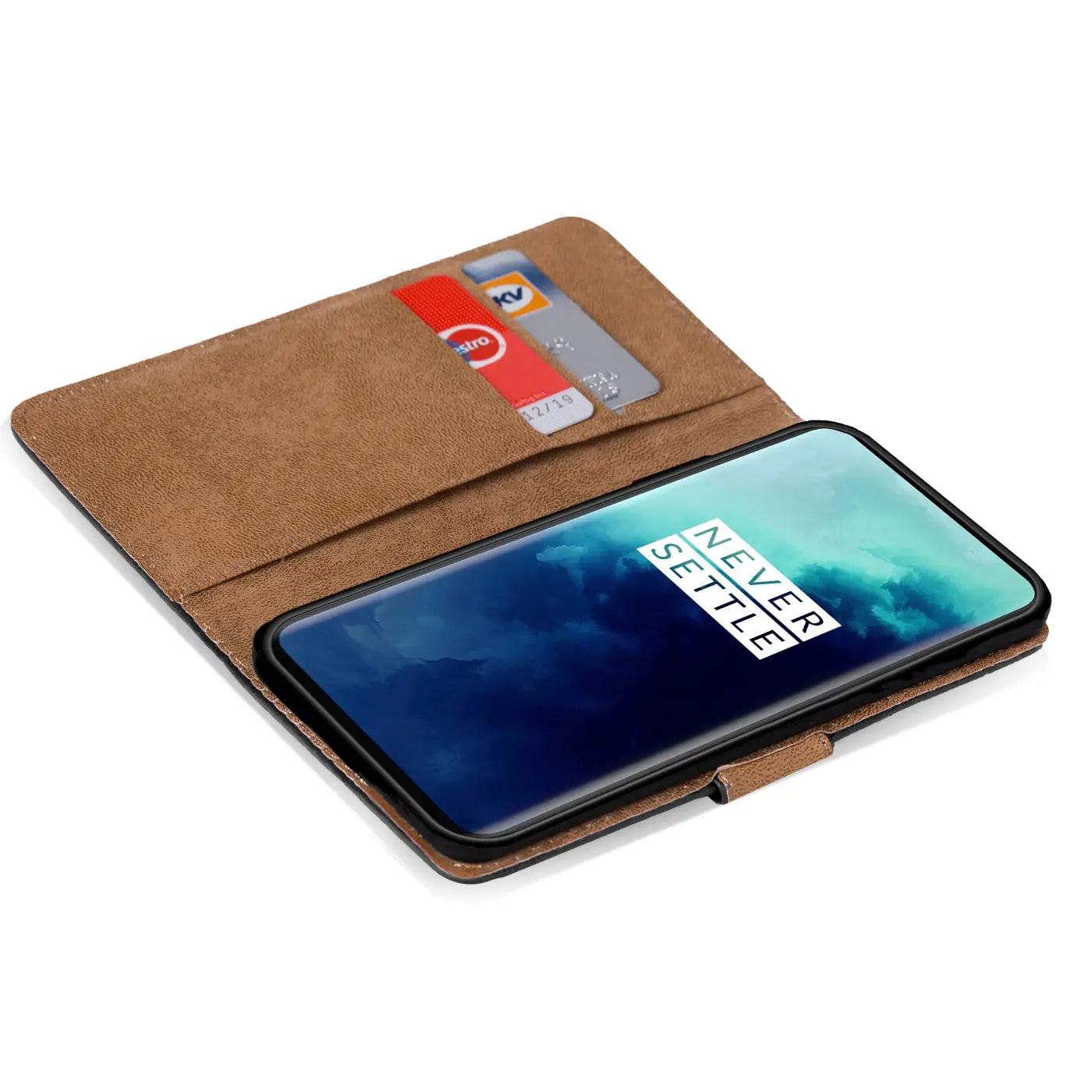 Braune Kunstleder-Klapphülle mit Kartenfächern für OnePlus 7T Pro, von oben betrachtet.