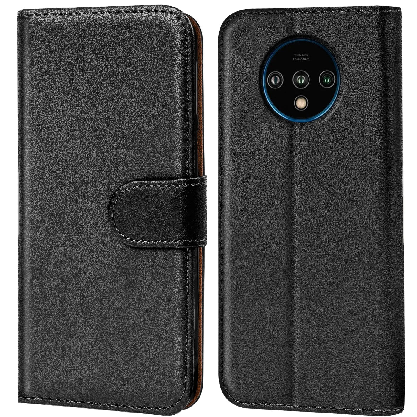 Schwarze Leder-Klapphülle mit Kartenfächern, Vorder- und Rückansicht, OnePlus 7T.