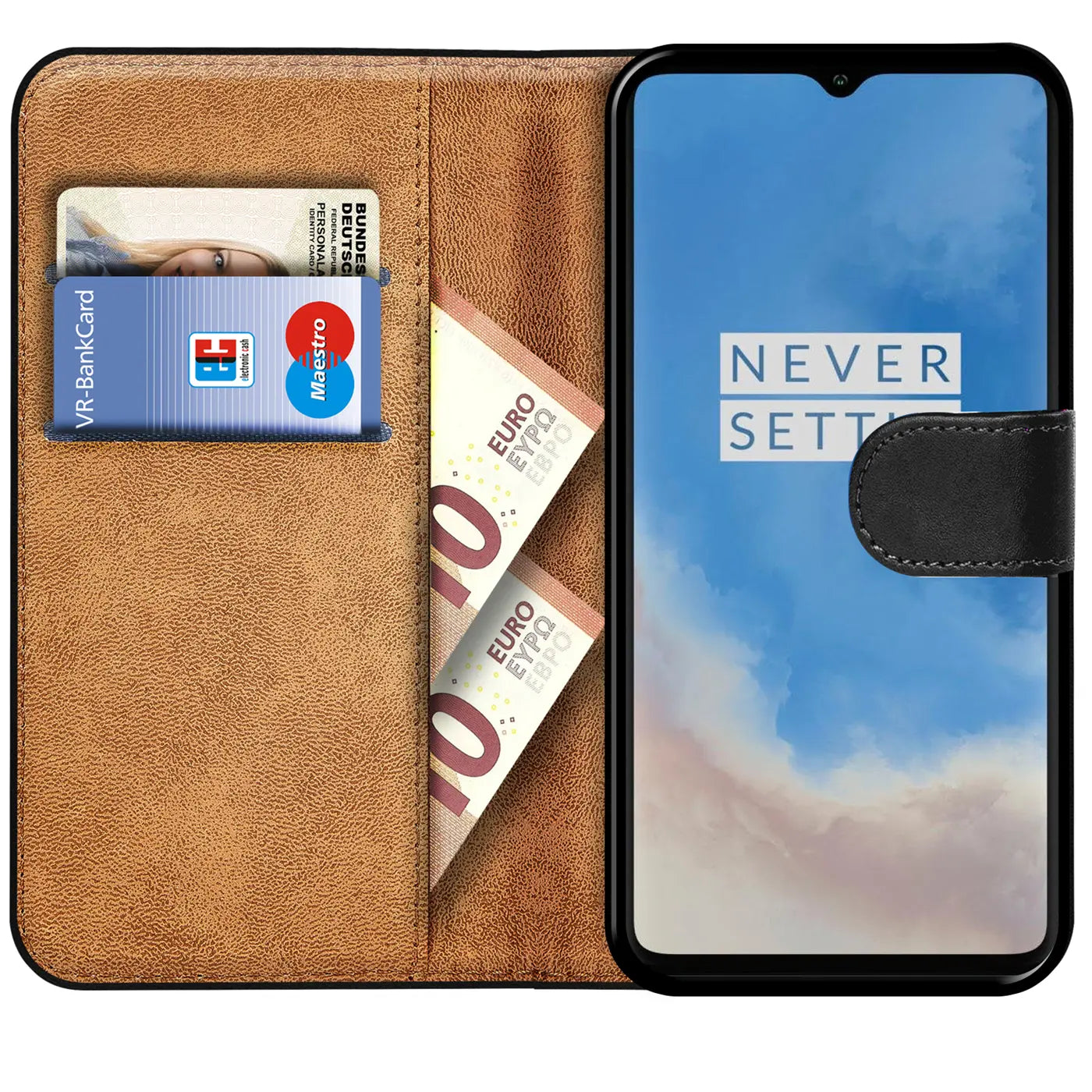 Braune Kunstleder-Klapphülle mit Kartenfächern und Geldscheinfach, zeigt OnePlus 7T.