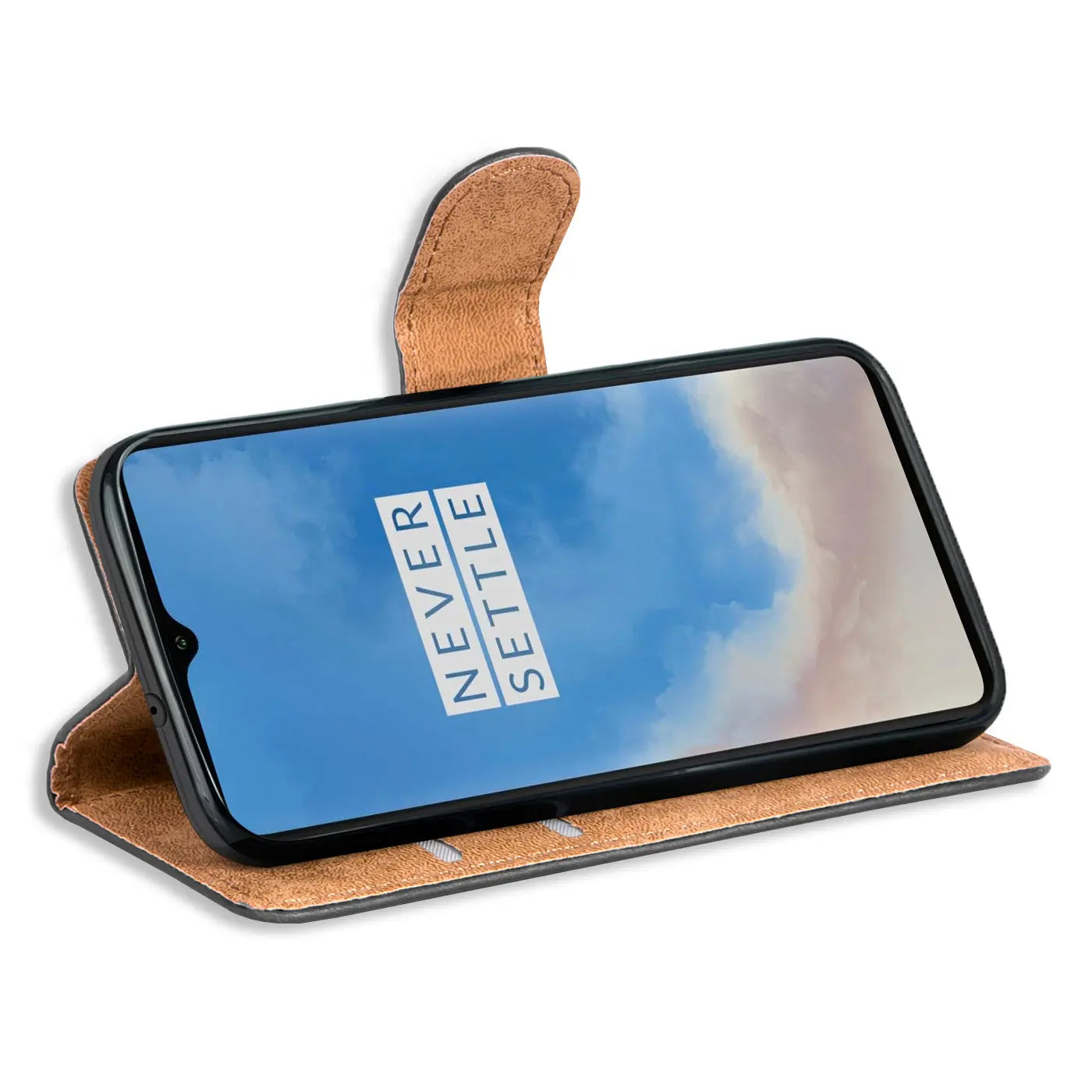 Braune Kunstleder-Klapphülle mit Kartenfächern, zeigt OnePlus 7T von vorne.
