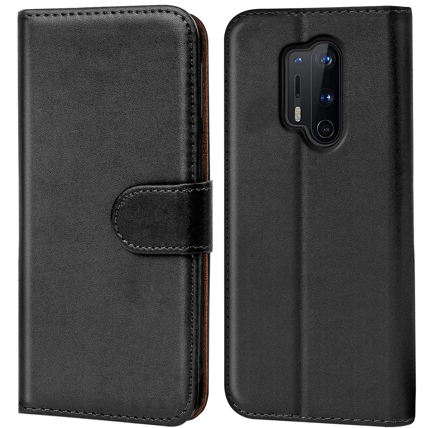 Schwarze Leder-Klapphülle für OnePlus 8 Pro, Vorder- und Rückansicht.