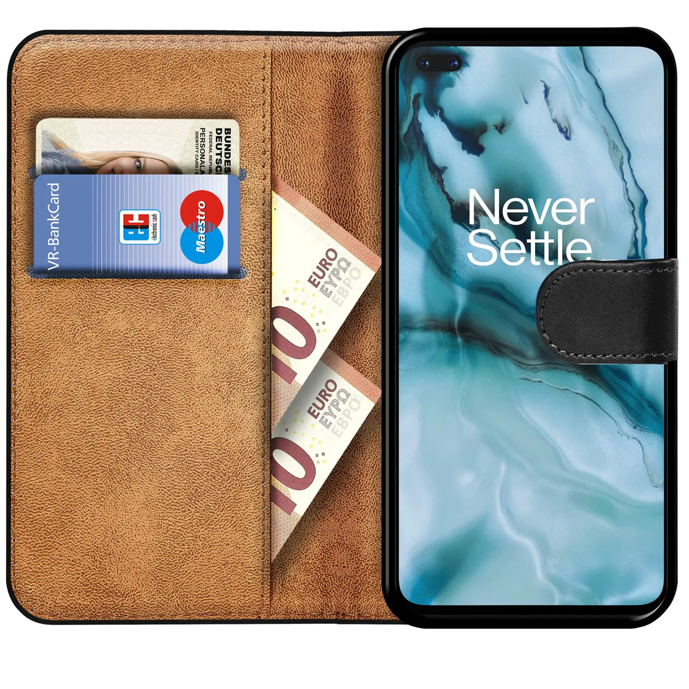 Braune Leder-Klapphülle mit Kartenfächern und OnePlus 8 Pro, von vorne