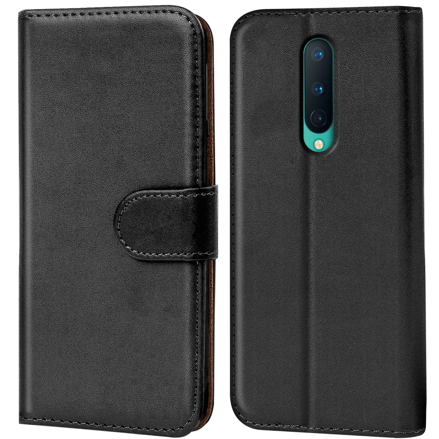 Schwarze Leder-Klapphülle mit Kartenfächern, zeigt Rückseite eines OnePlus 8.