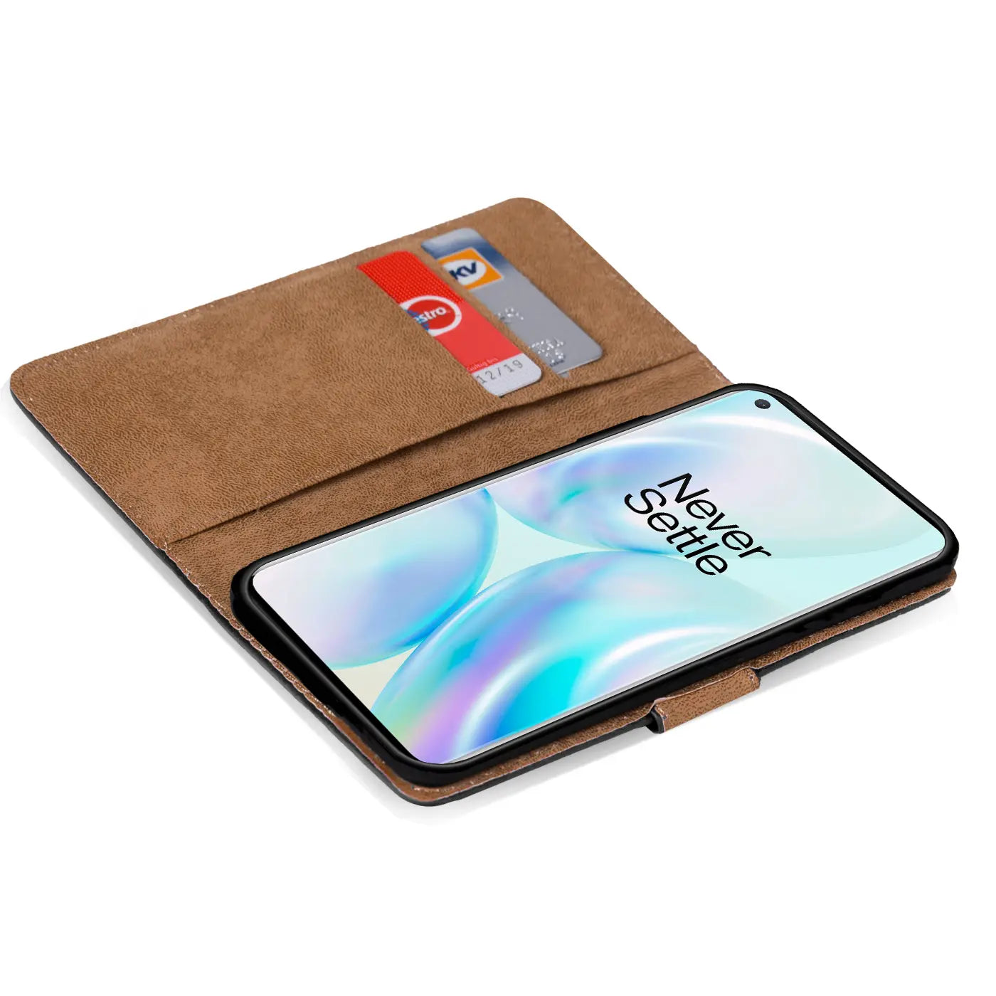 Braune Leder-Klapphülle mit Kartenfächern für OnePlus 8, von schräg oben