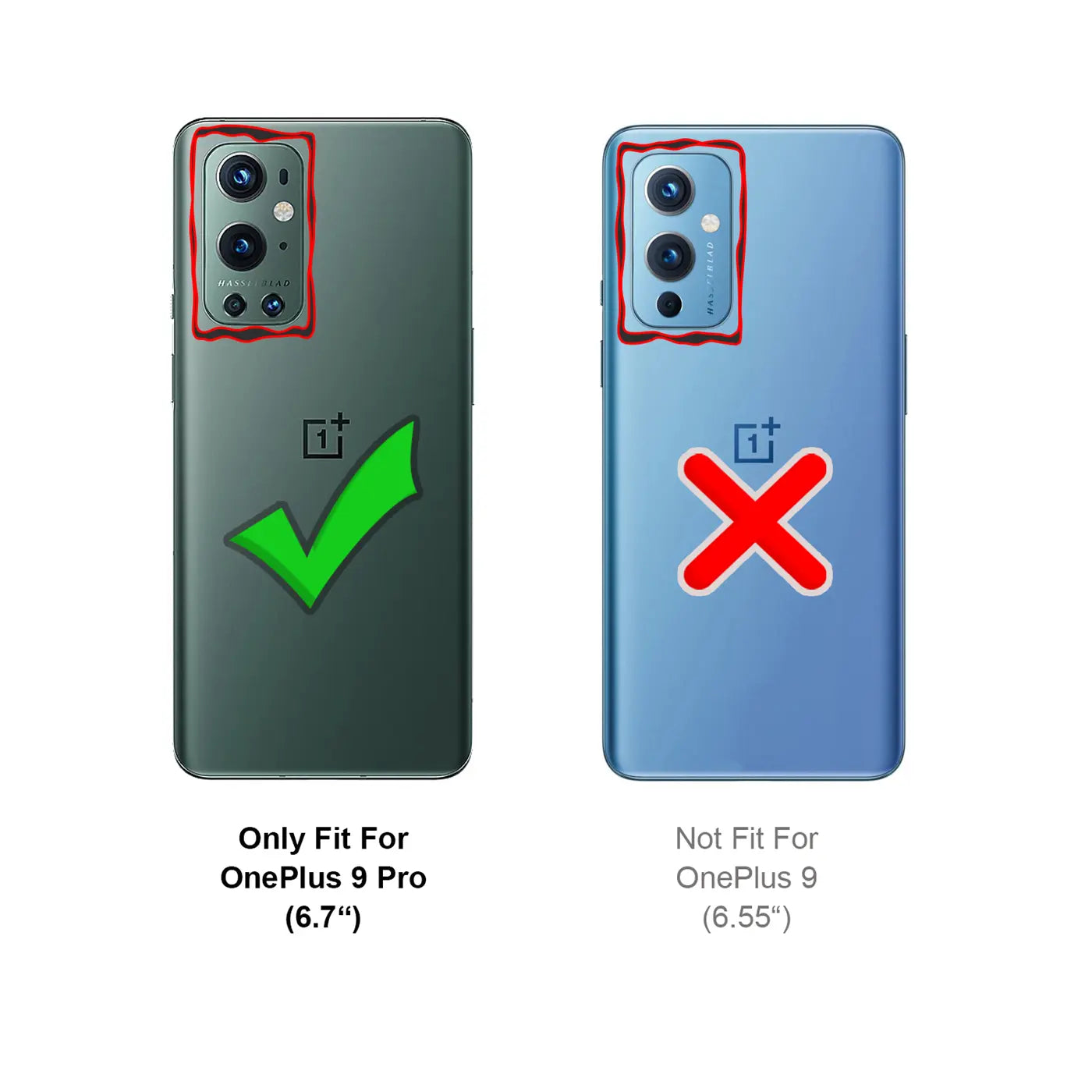 Rückansicht zweier OnePlus-Smartphones: links ein grünes mit Häkchen, rechts ein blaues mit Kreuz.