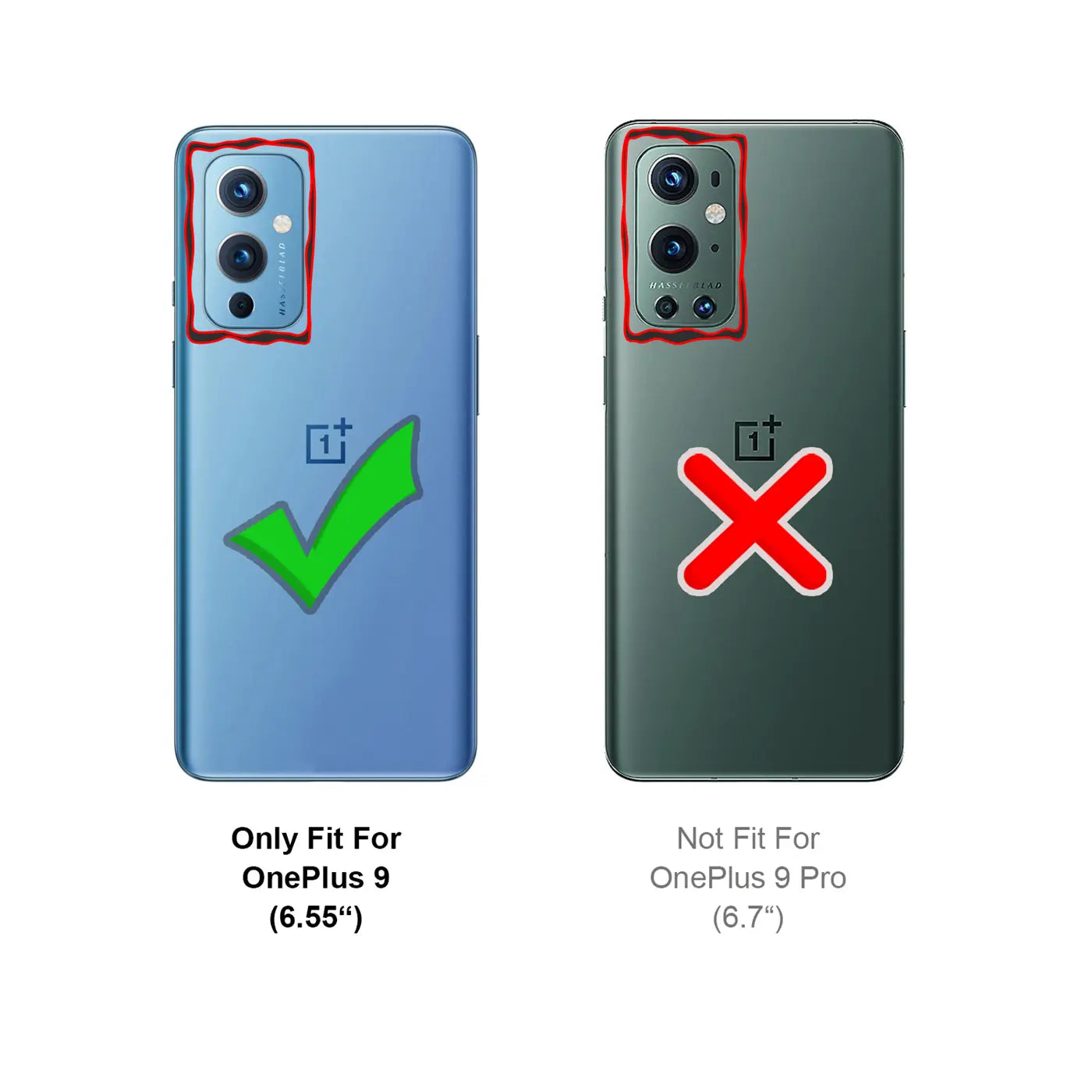 Rückseite OnePlus 9 (blau) mit Haken, OnePlus 9 Pro (grün) mit Kreuz.