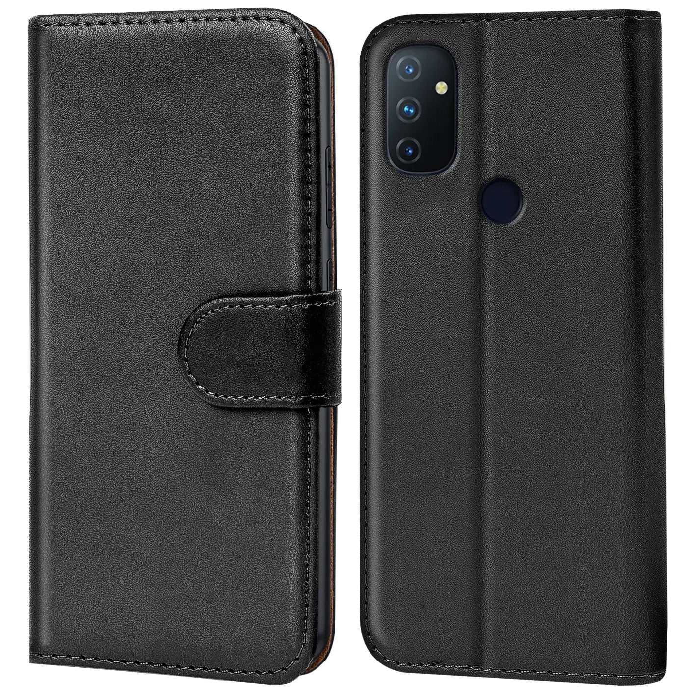 Schwarze Leder-Klapphülle mit Kartenfächern, Vorder- und Rückseite eines OnePlus N100.