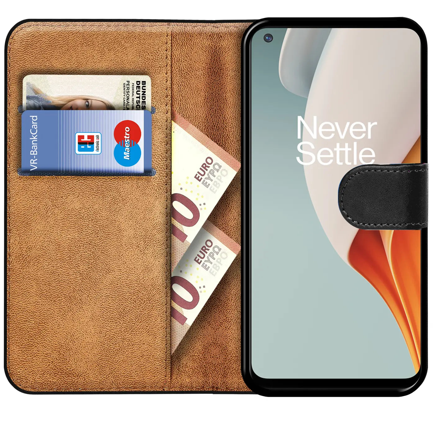 Braune Leder-Klapphülle mit Kartenfächern und Geldscheinfach, zeigt OnePlus N100.