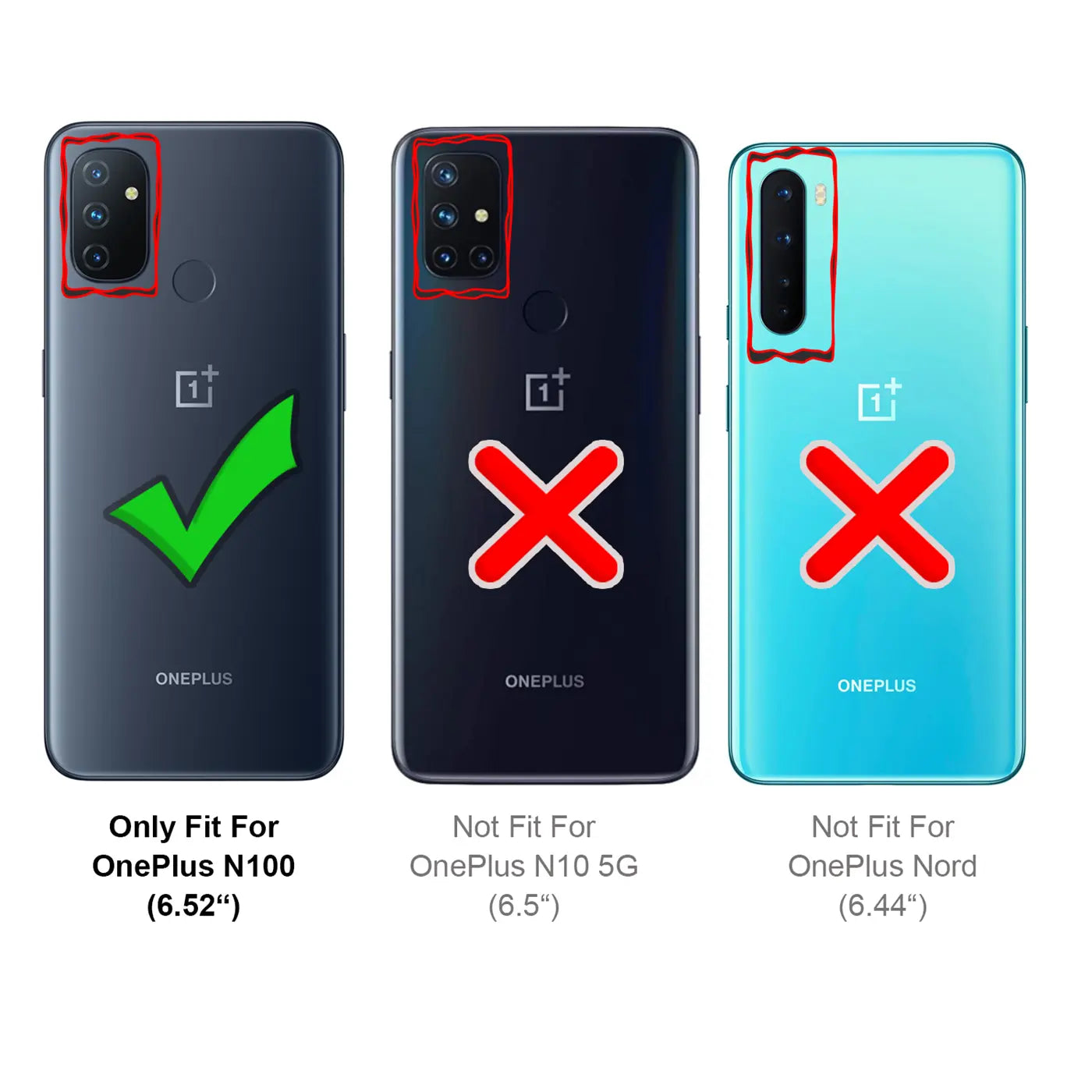 Drei Rückseiten von OnePlus-Handys: N100 (passend), N10 5G & Nord (nicht passend).