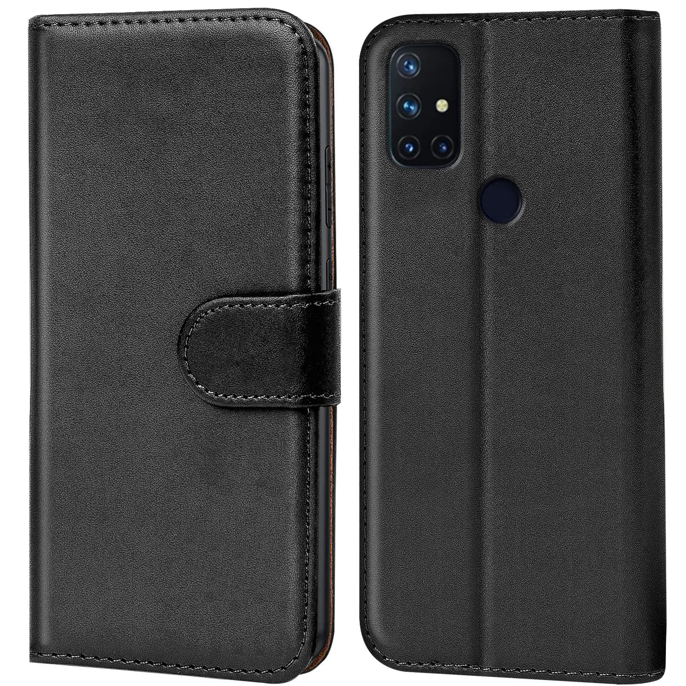Schwarze Leder-Klapphülle mit Kartenfächern, Vorder- und Rückansicht, für OnePlus N10 5G.