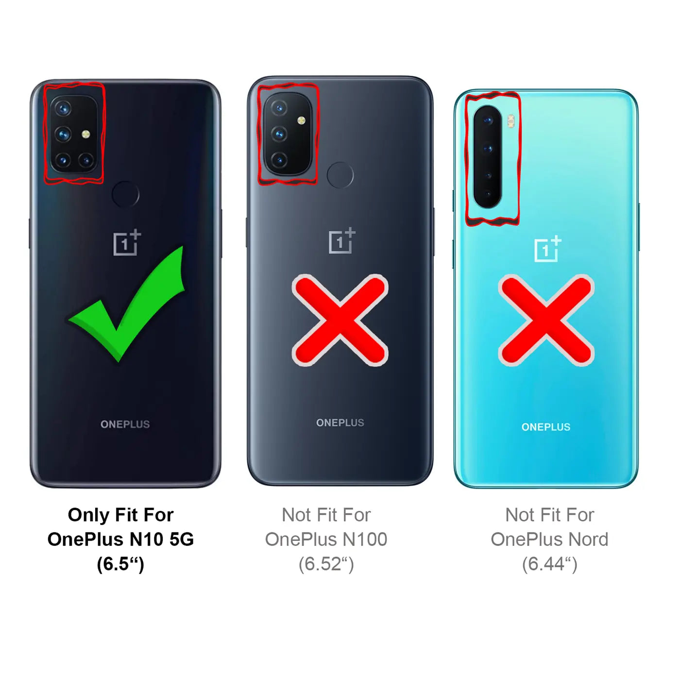 Drei OnePlus-Smartphones, links mit Häkchen, Mitte/rechts mit Kreuzen.