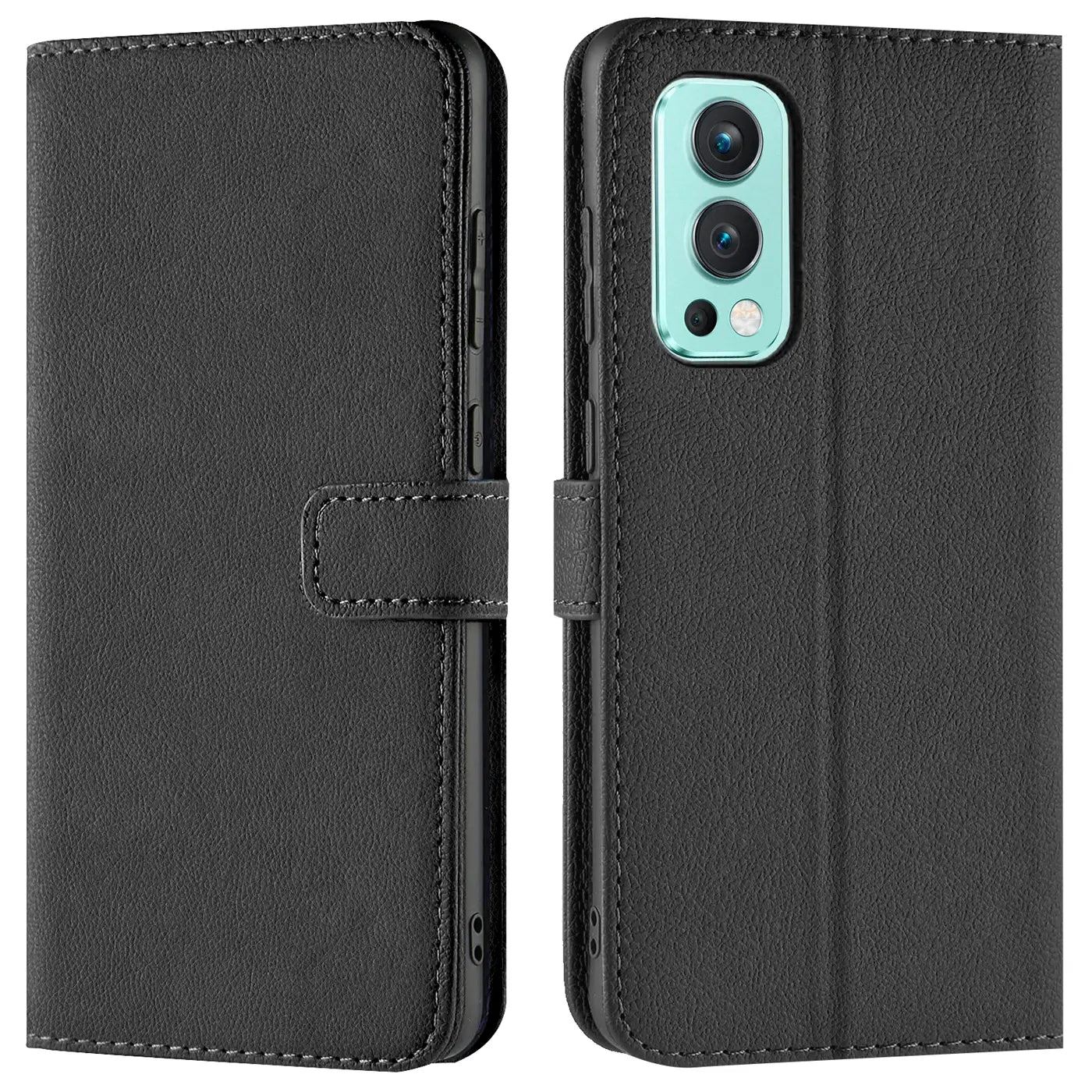 Schwarze Leder-Klapphülle mit Kartenfächern für OnePlus Nord 2 5G, Vorder- und Rückansicht.