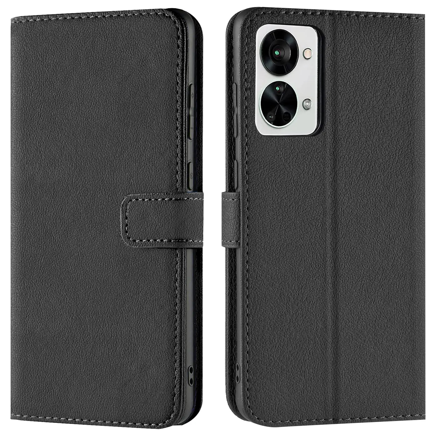 Schwarze Leder-Klapphülle mit Kartenfächern, Vorder- und Rückansicht, für OnePlus Nord 2T 5G.