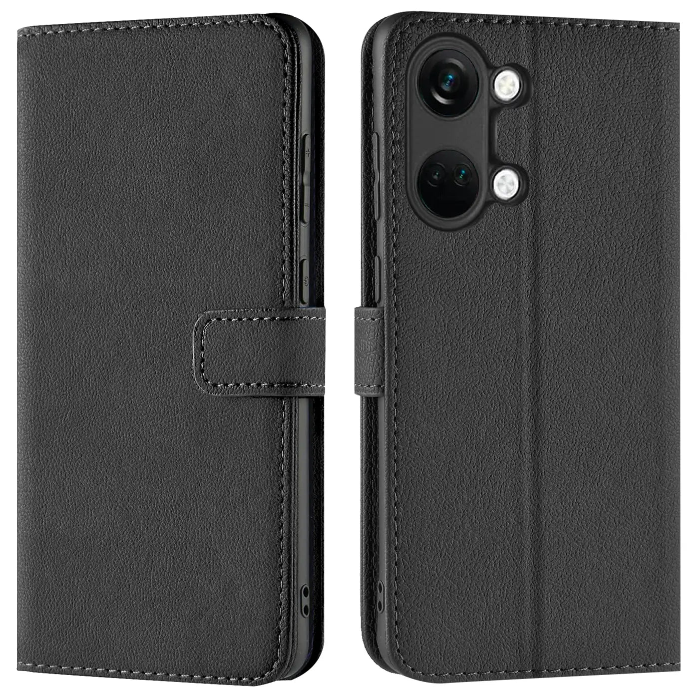 Schwarze Kunstleder-Klapphülle, Vorder- und Rückansicht, mit OnePlus Nord 3 5G Kamera.