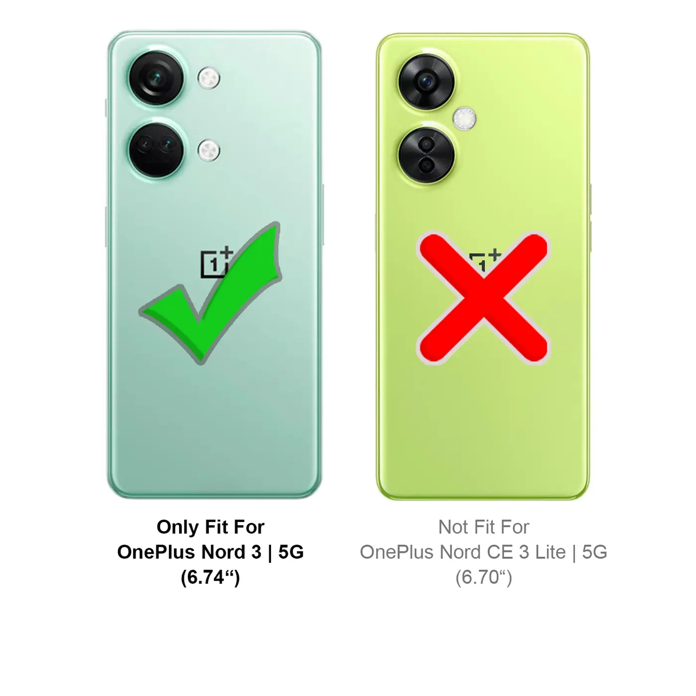 Zwei OnePlus-Smartphones, eines mintgrün mit Häkchen, eines hellgrün mit Kreuz.