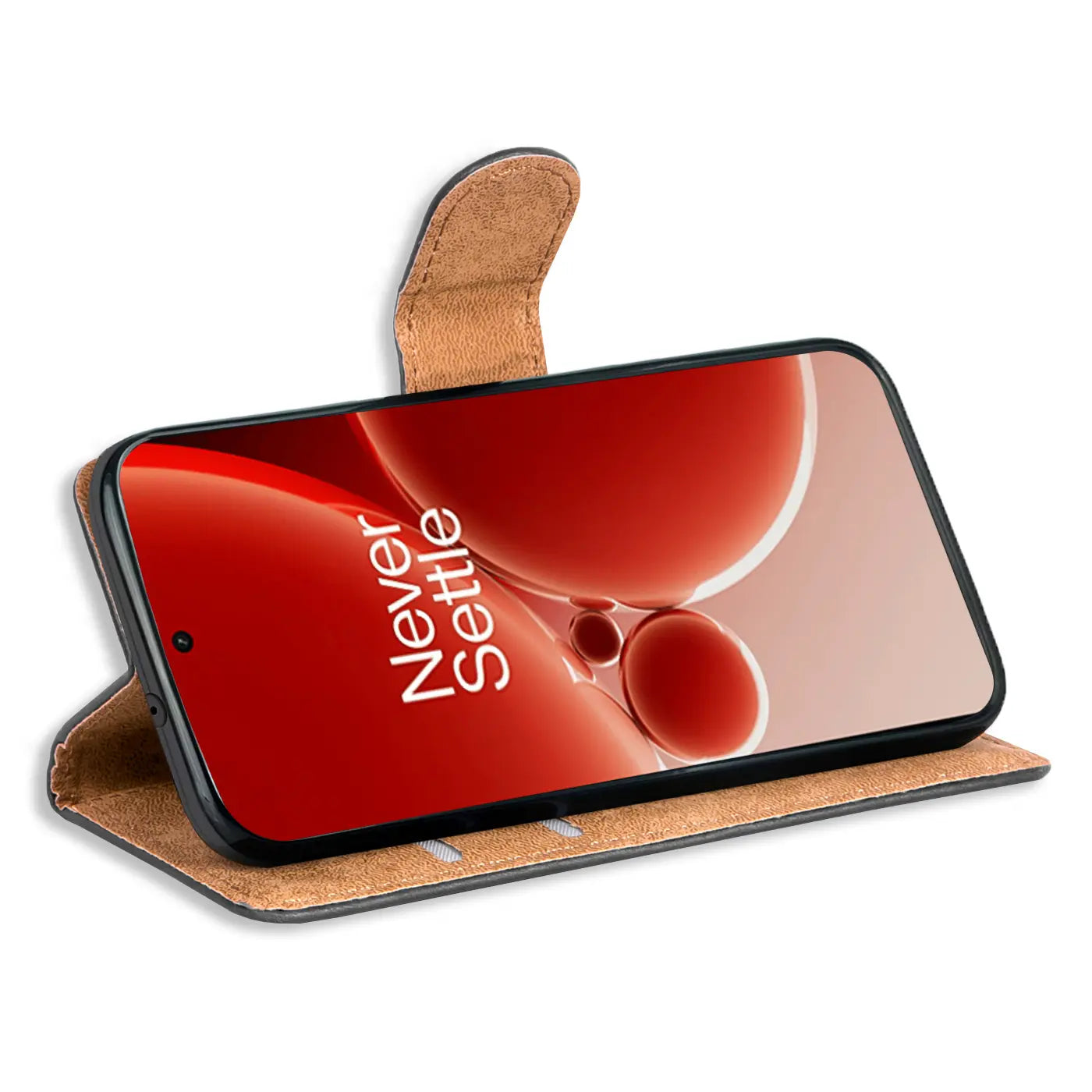 Braune Kunstleder-Klapphülle mit Kartenfächern, seitliche Ansicht, zeigt OnePlus Nord 3 5G.