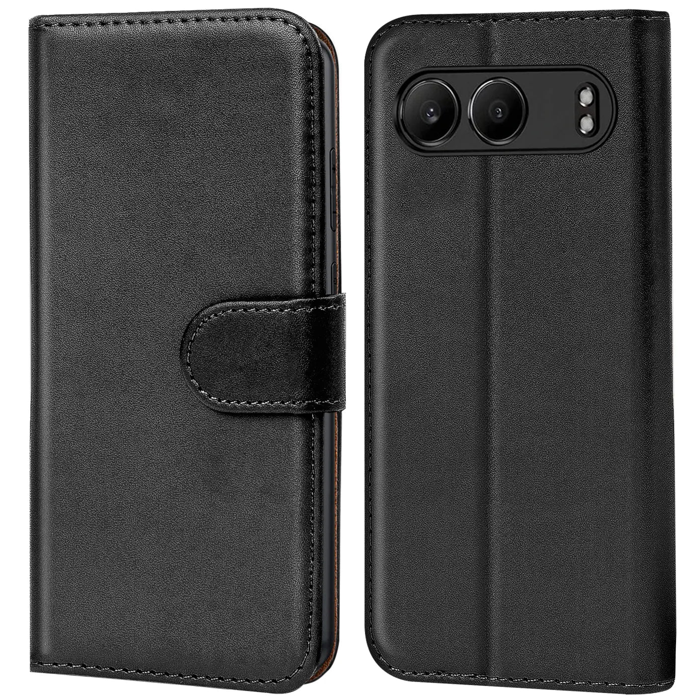 Schwarze Leder-Klapphülle mit Kartenfächern, Vorder- und Rückansicht, für OnePlus Nord 4.