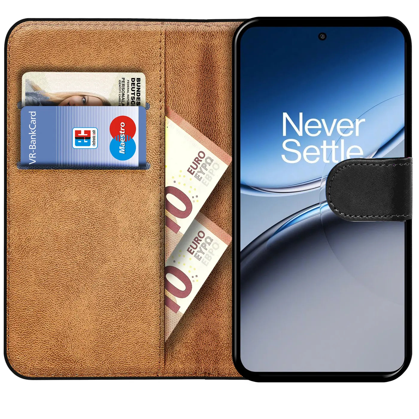 Braune Kunstleder-Klapphülle mit Kartenfächern und OnePlus Nord 4, von vorne