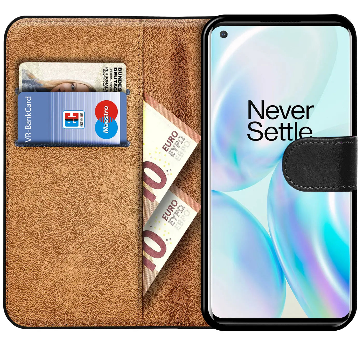 Braun Kunstleder-Klapphülle mit Kartenfach, zeigt OnePlus Nord CE 2 5G.