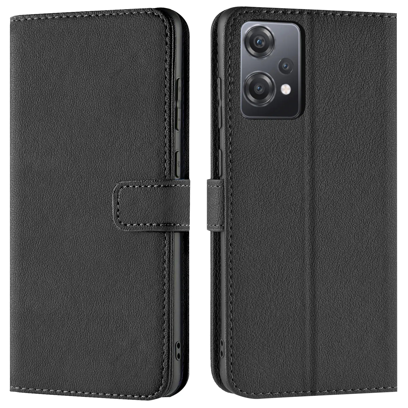 Schwarze Kunstleder-Klapphülle mit Kartenfächern, Vorder- und Rückansicht, OnePlus Nord CE 2 Lite 5G.