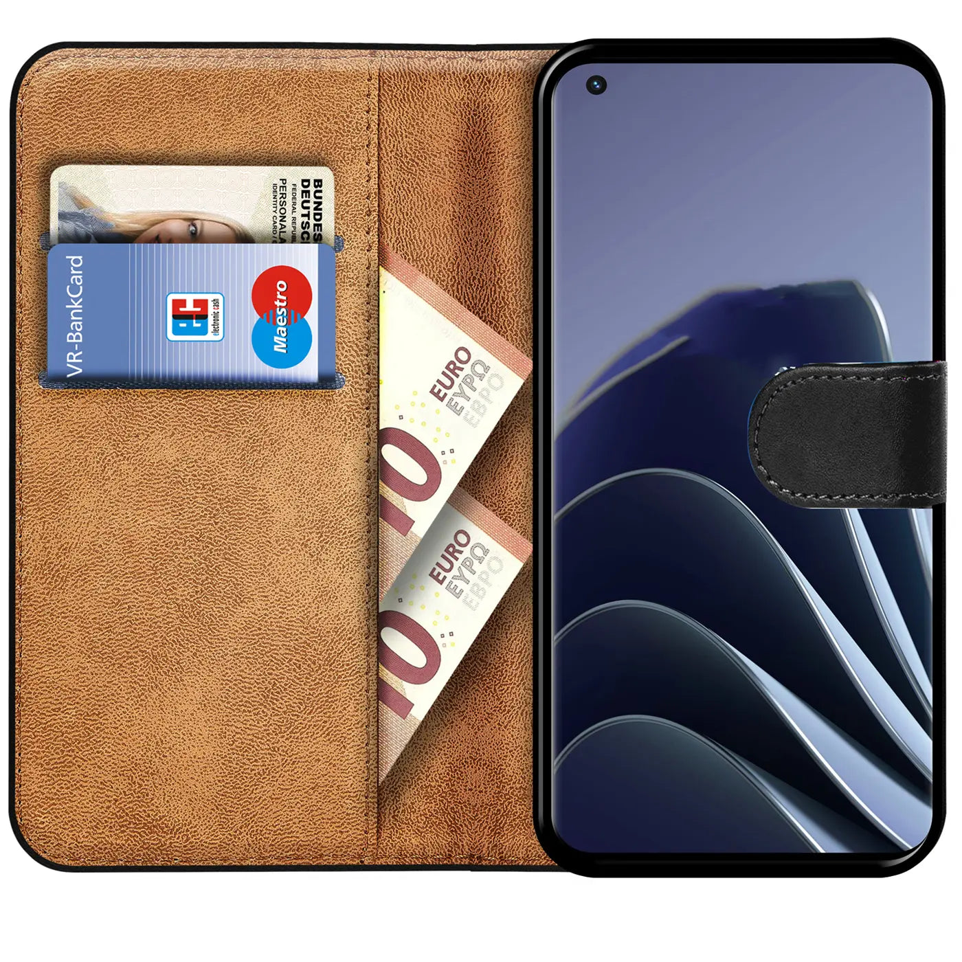 Braune Kunstleder-Klapphülle mit Kartenfächern und OnePlus Nord CE 2 Lite 5G.