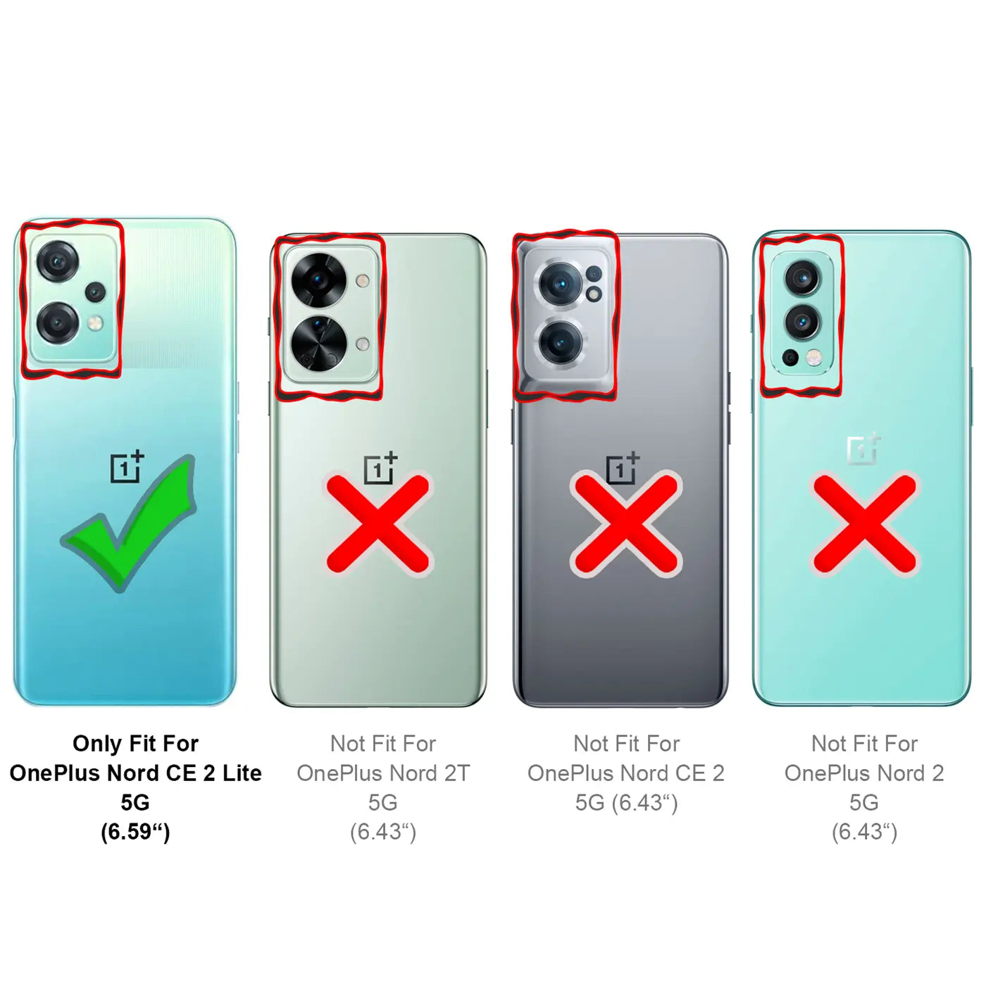 Vier Rückseiten von Smartphones: OnePlus Nord CE 2 Lite 5G mit Haken, drei andere mit Kreuz.