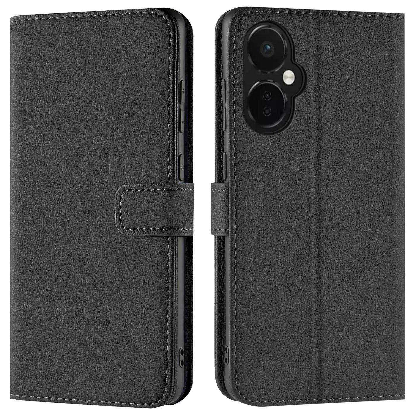Schwarze Leder-Klapphülle mit Kartenfächern, Vorder- und Rückansicht, für OnePlus Nord CE 3 Lite 5G.