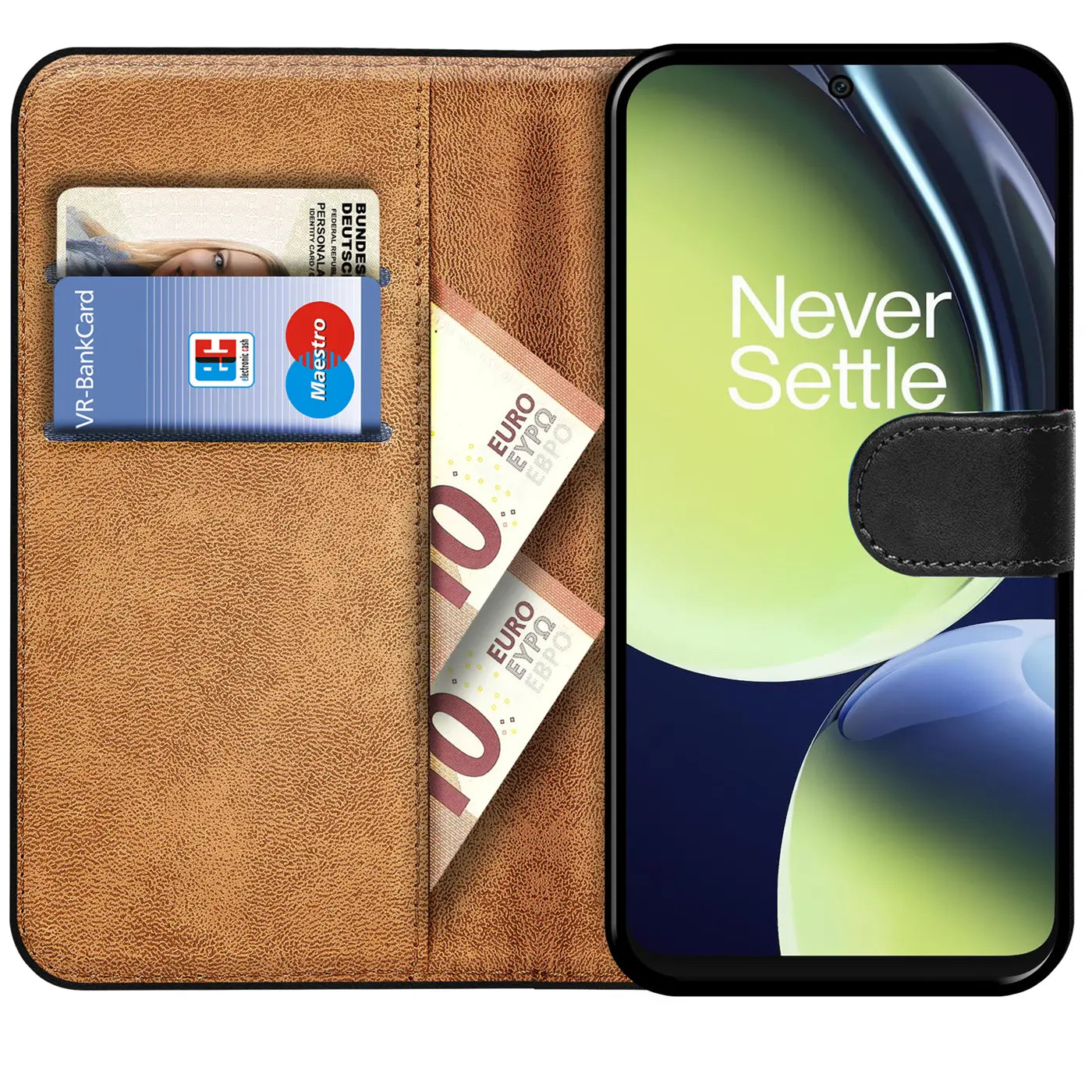 Braune Kunstleder-Klapphülle mit Kartenfächern, zeigt OnePlus Nord CE 3 Lite 5G.