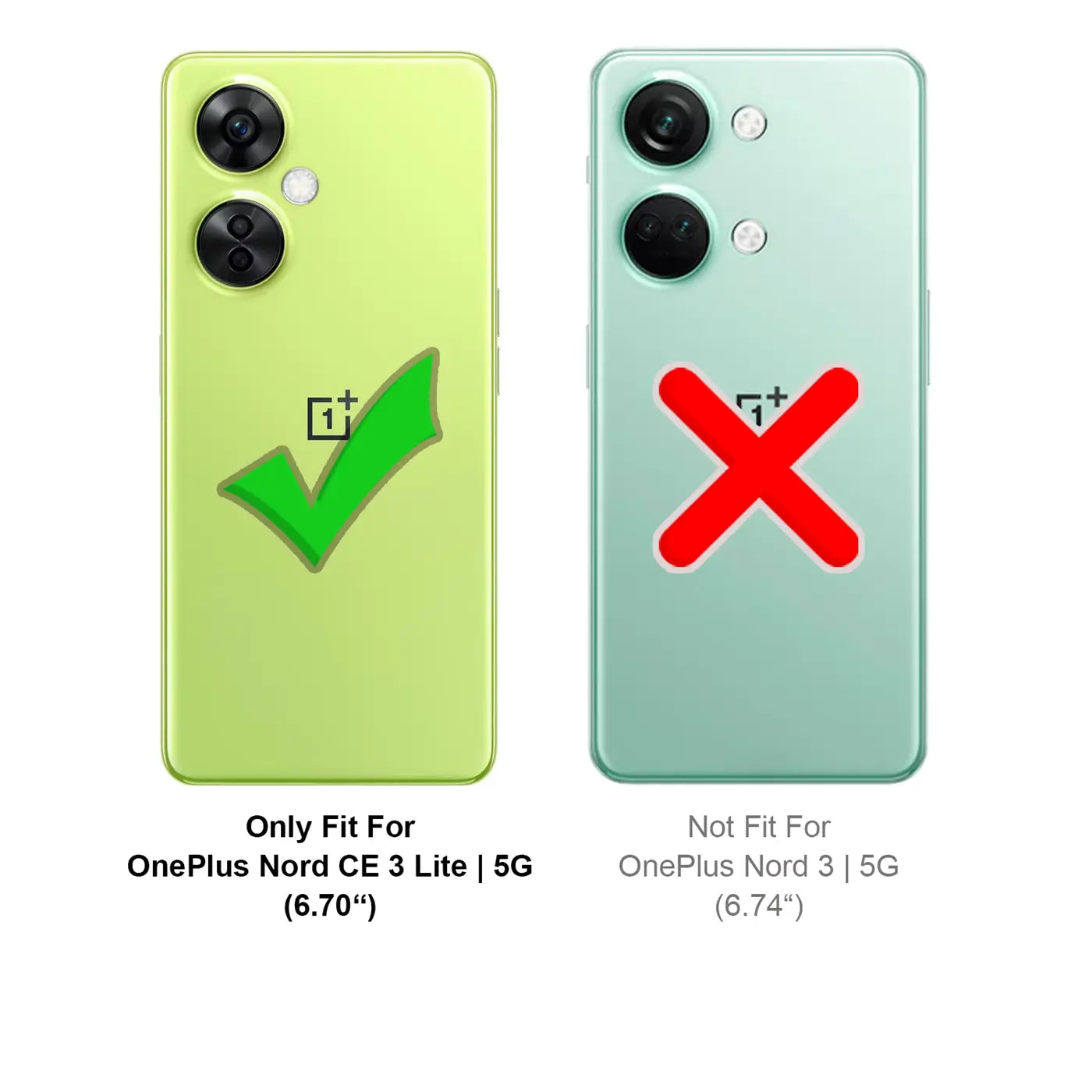 Zwei OnePlus-Handys, grün/mint, Rückseite, mit Haken/Kreuz.