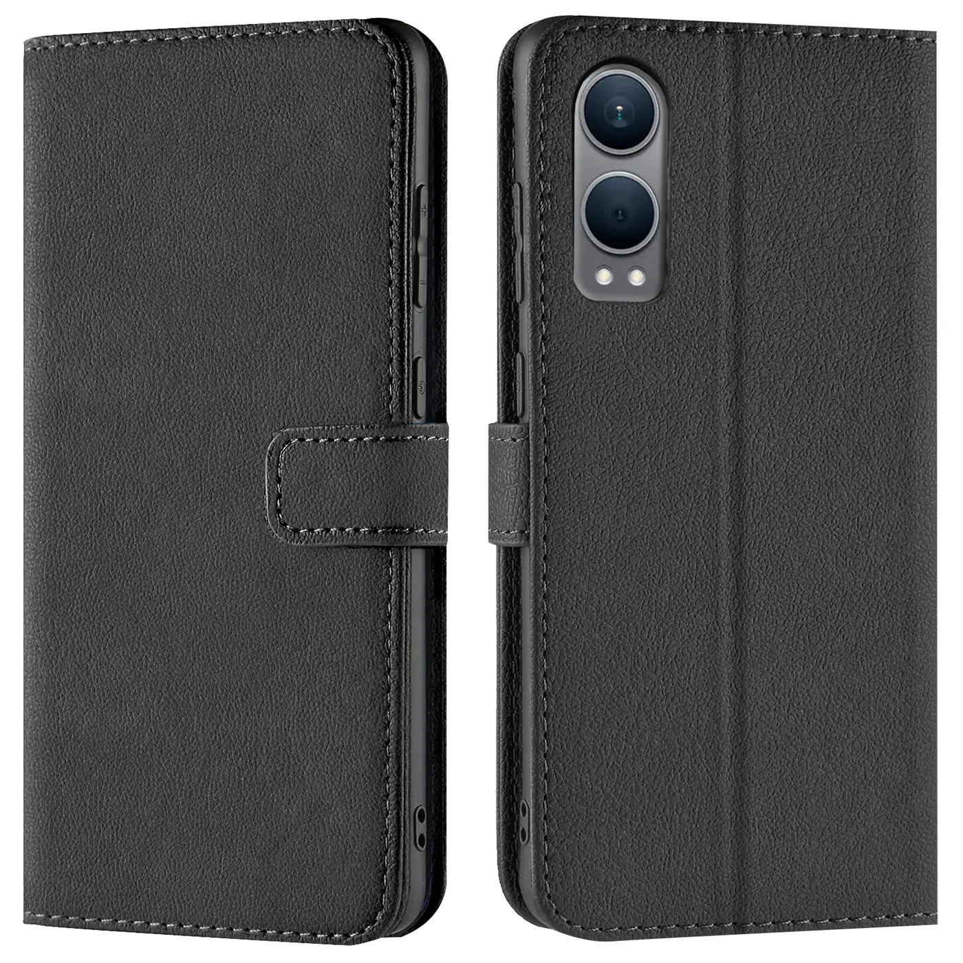 Schwarze Leder-Klapphülle mit Kartenfächern, Vorder- und Rückansicht, für OnePlus Nord CE4 Lite 5G.