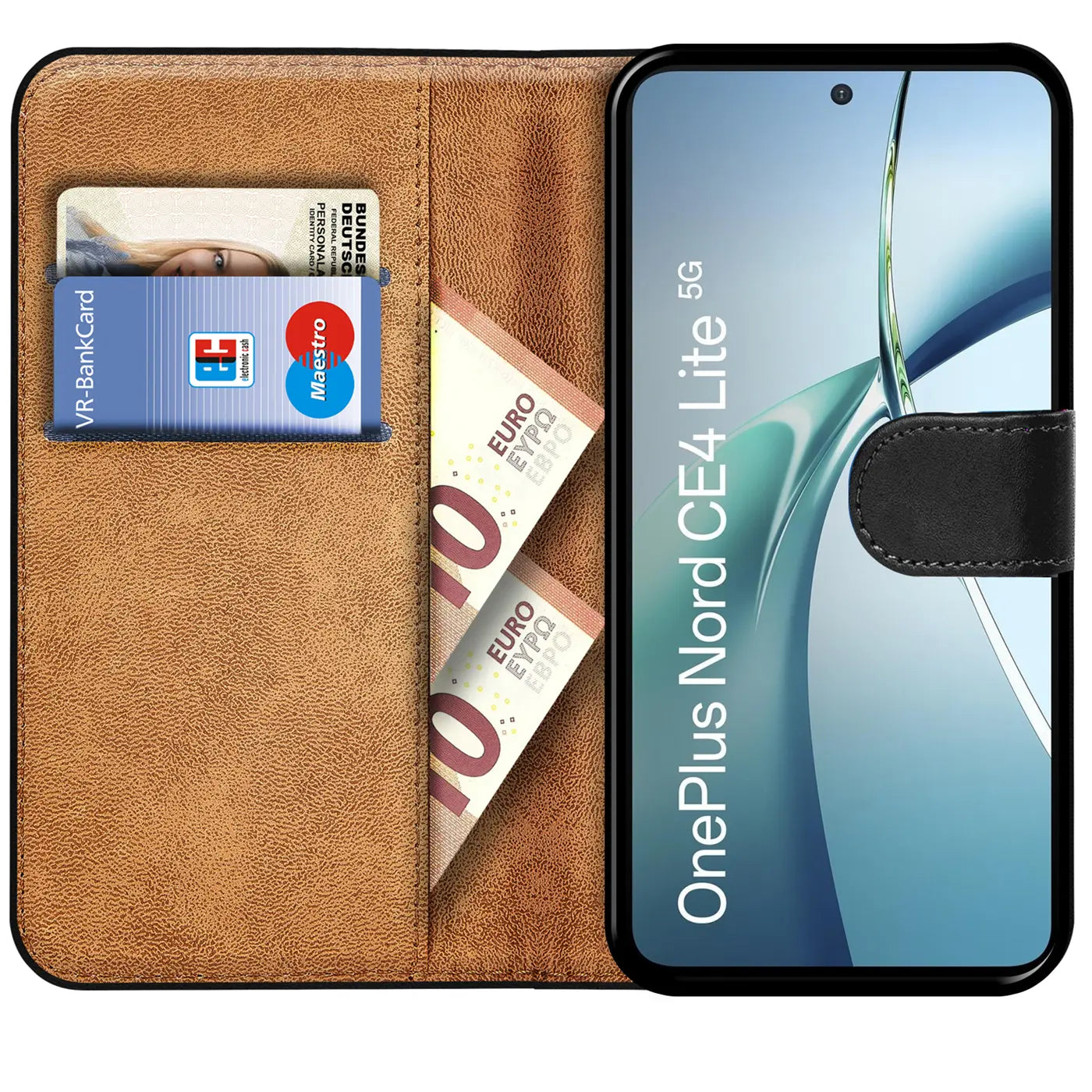 Braune Kunstleder-Klapphülle mit Kartenfächern und Geldscheinfach, zeigt OnePlus Nord CE4 Lite 5G.