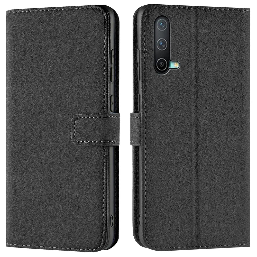 Schwarze Leder-Klapphülle mit Kartenfächern, Vorder- und Rückansicht, OnePlus Nord CE 5G.