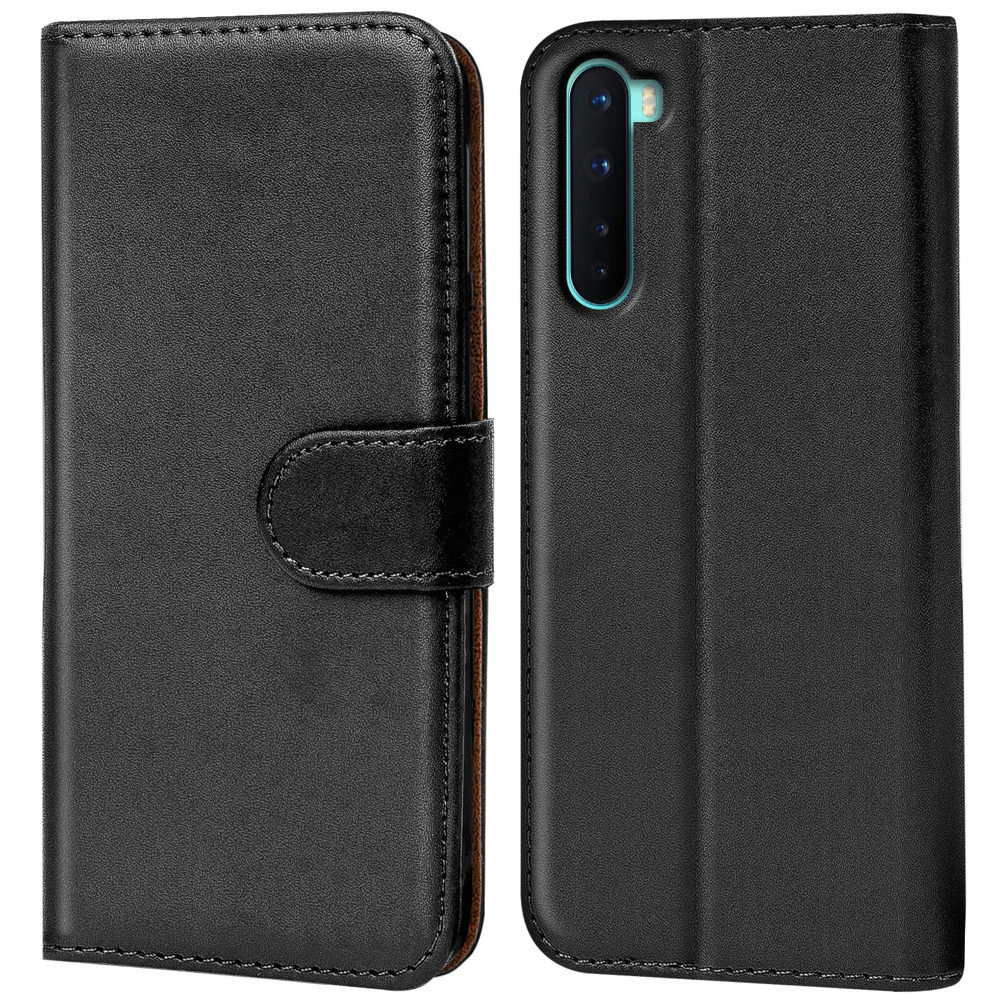 Schwarze Leder-Klapphülle für OnePlus Nord, Vorder- und Rückansicht