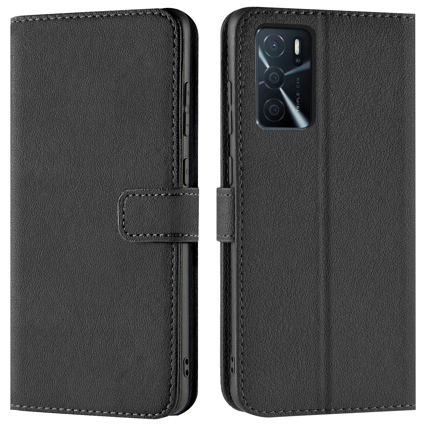 Schwarze Leder-Klapphülle mit Kartenfächern, Vorder- und Rückansicht, zeigt OPPO A16/A16s.